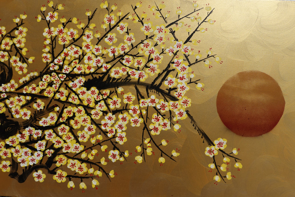 Japanese yellow Sakura J455 is a large-scale Japanese-inspired gold horizontal Original Acrylic Painting on unstretched canvas by artist Ksavera.