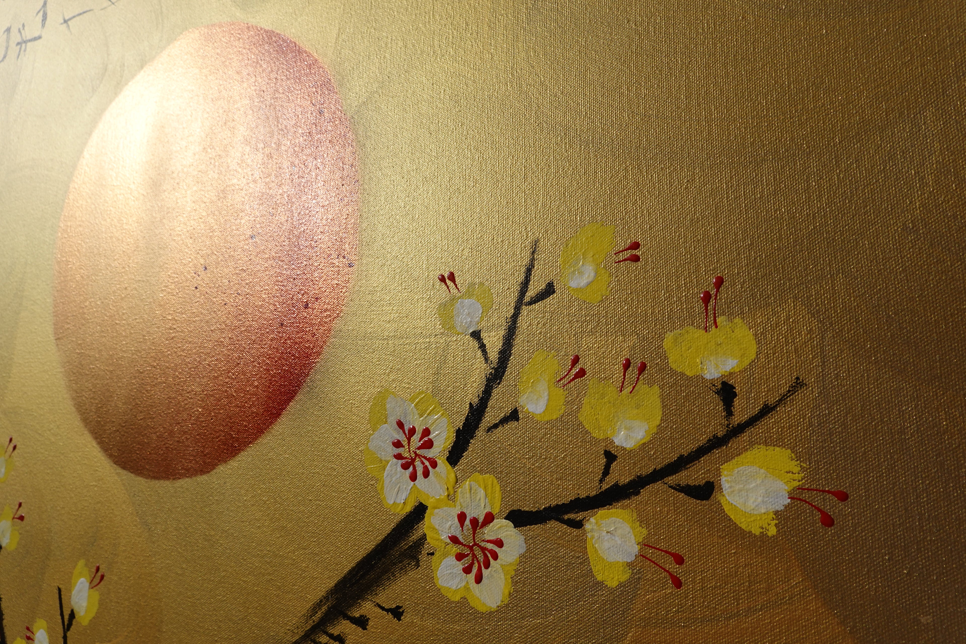 Japanese yellow Sakura J455 is a large-scale Japanese-inspired gold horizontal Original Acrylic Painting on unstretched canvas by artist Ksavera.
