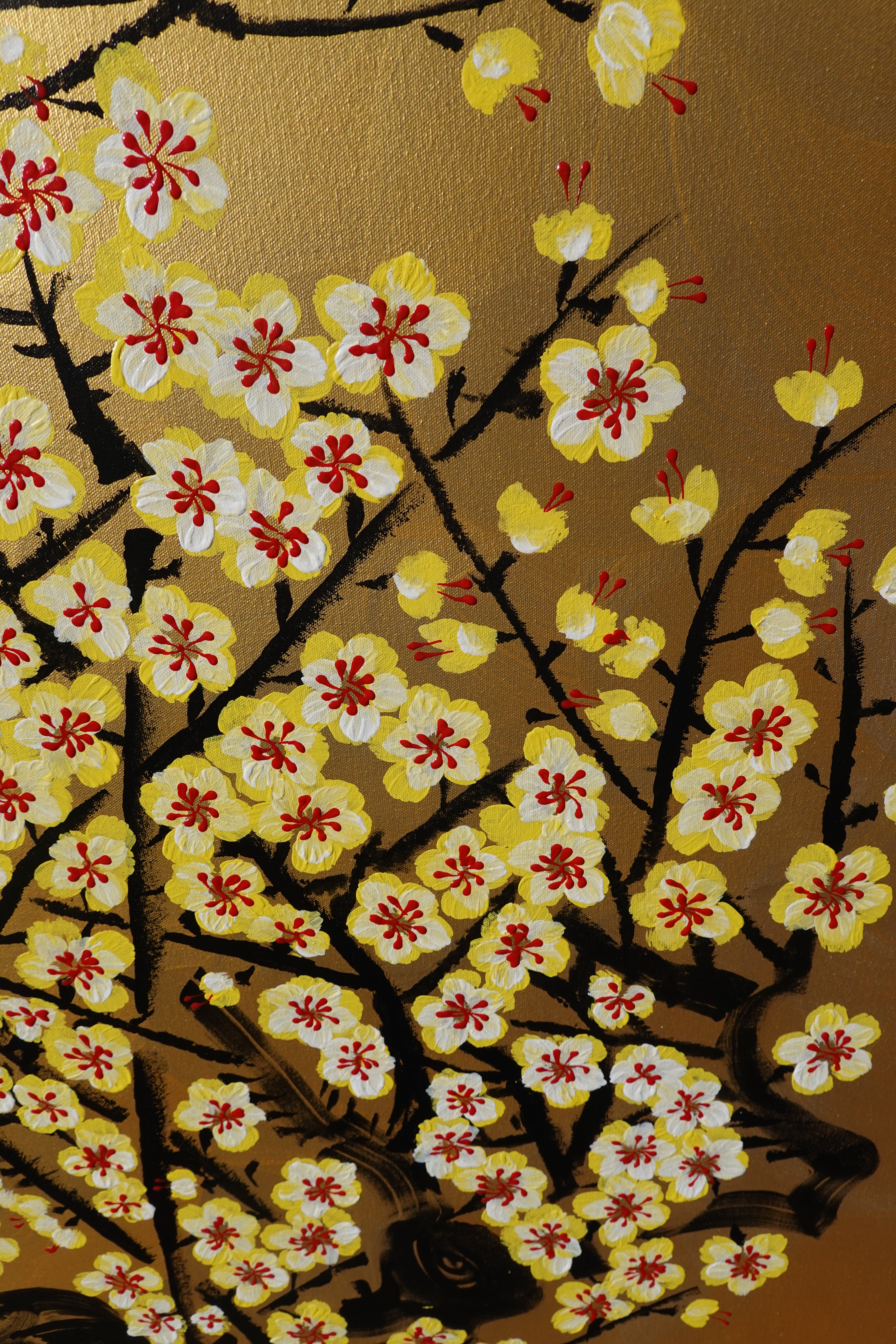 Japanese yellow Sakura J455 is a large-scale Japanese-inspired gold horizontal Original Acrylic Painting on unstretched canvas by artist Ksavera.