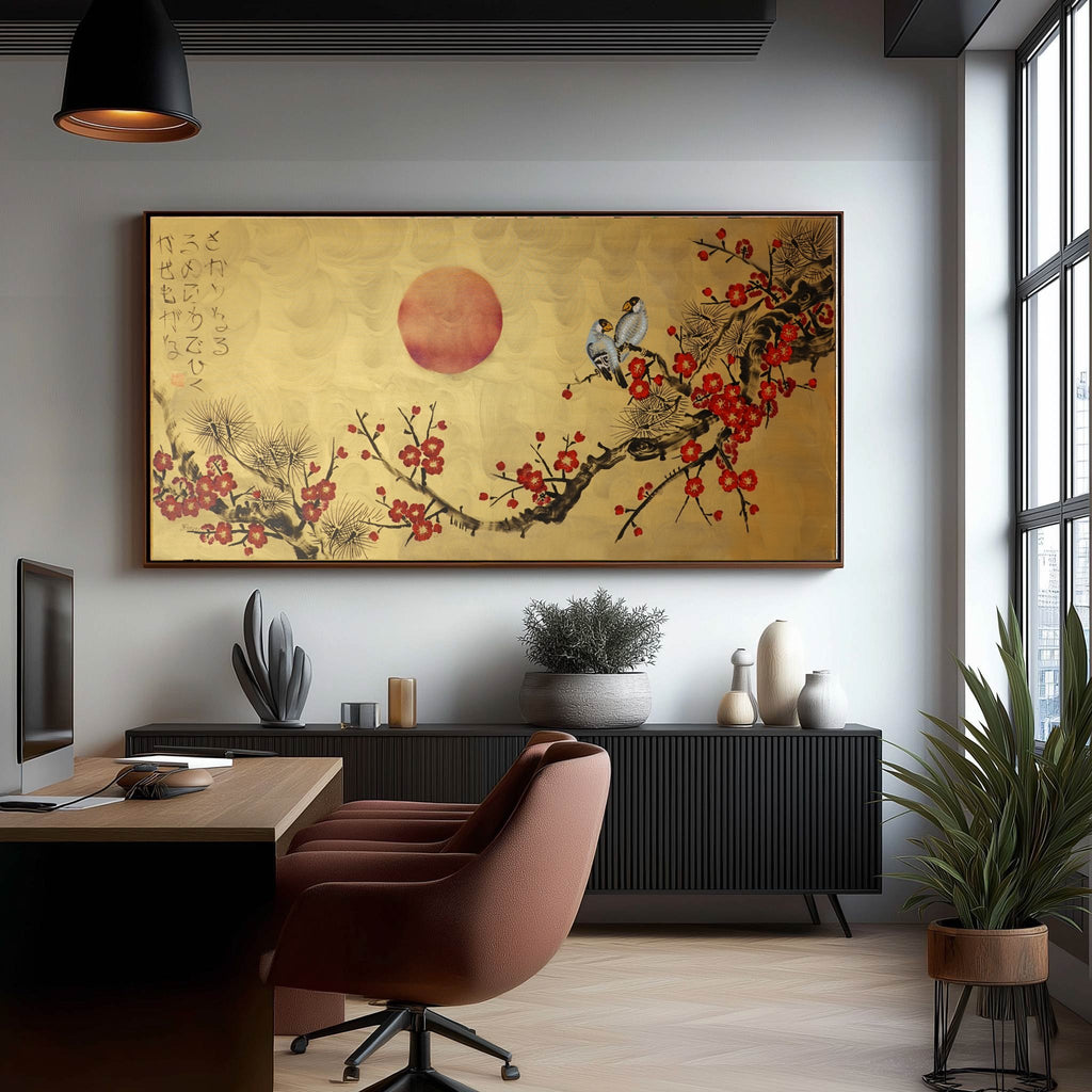 Love Birds and red Sakura J457 is a large-scale Japanese-inspired gold horizontal Original Acrylic Painting on unstretched canvas by artist Ksavera.