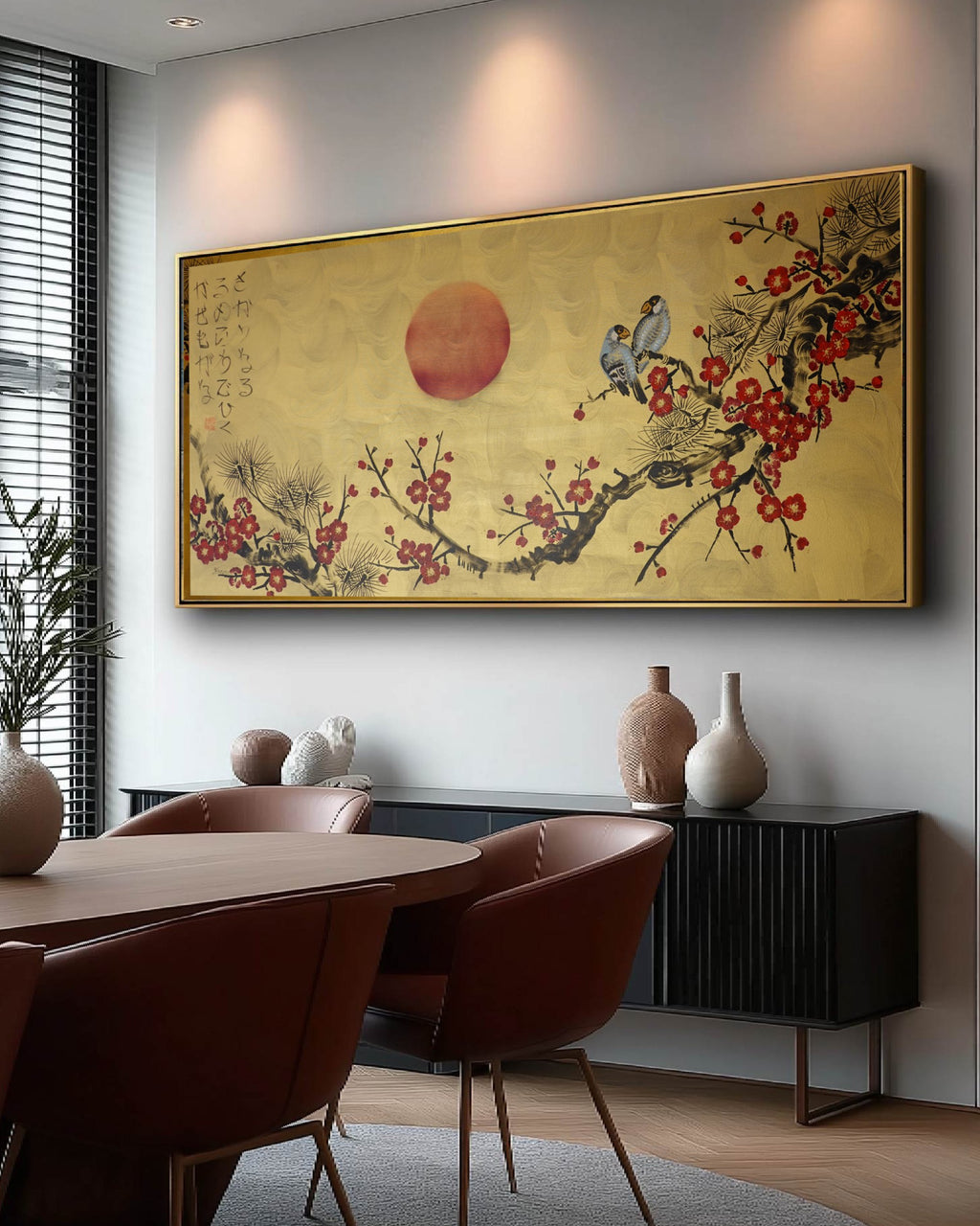 Love Birds and red Sakura J457 is a large-scale Japanese-inspired gold horizontal Original Acrylic Painting on unstretched canvas by artist Ksavera.