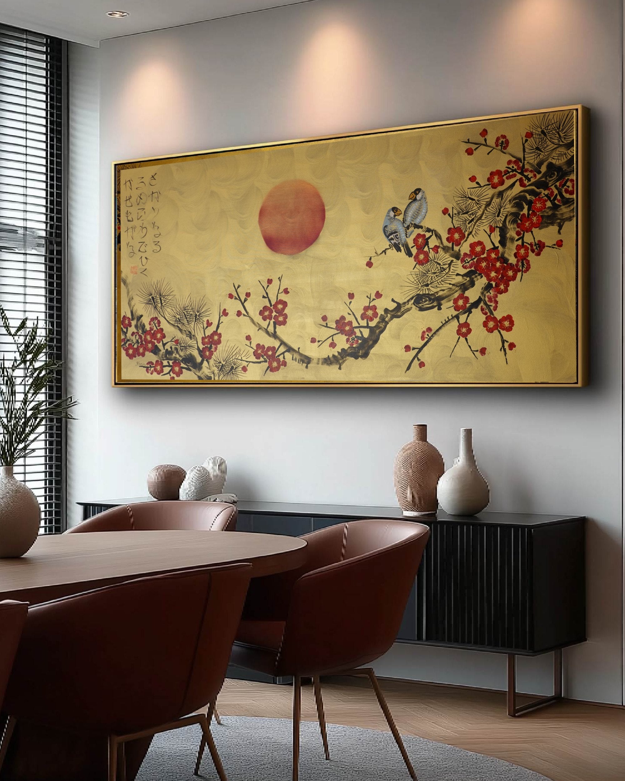Love Birds and red Sakura J457 is a large-scale Japanese-inspired gold horizontal Original Acrylic Painting on unstretched canvas by artist Ksavera.