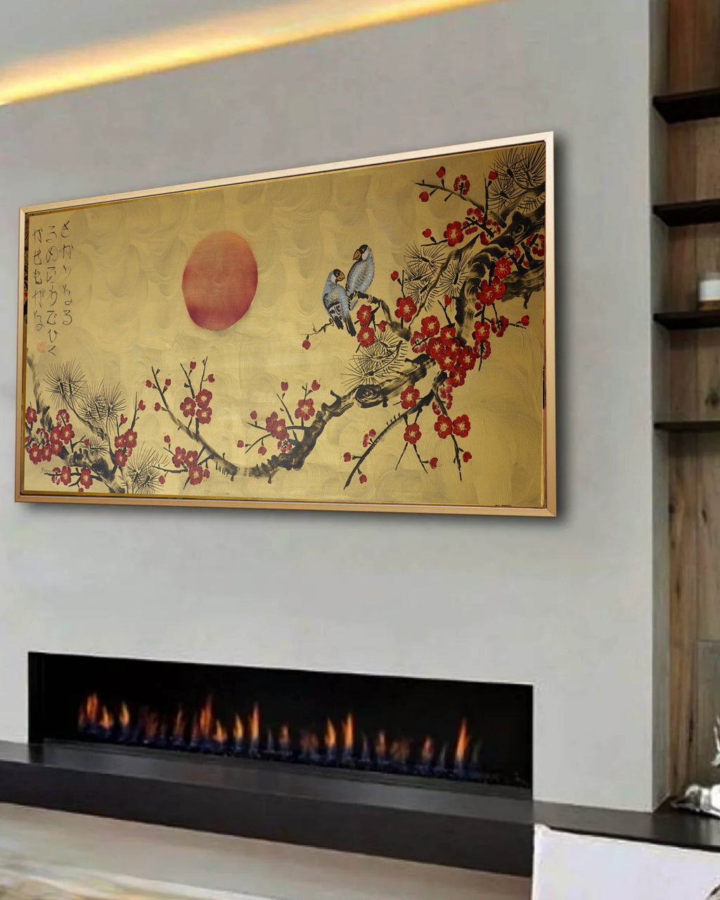 Love Birds and red Sakura J457 is a large-scale Japanese-inspired gold horizontal Original Acrylic Painting on unstretched canvas by artist Ksavera.