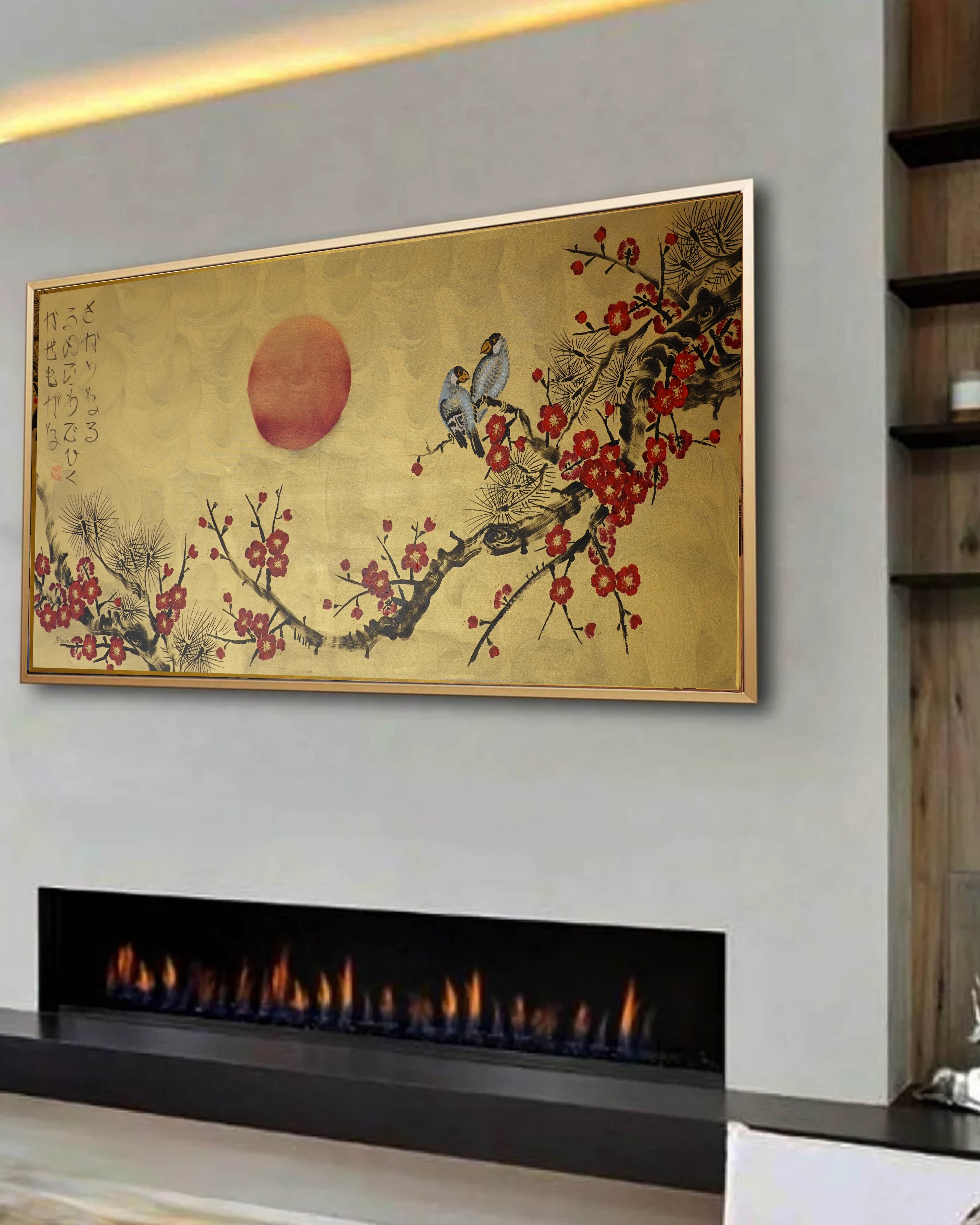Love Birds and red Sakura J457 is a large-scale Japanese-inspired gold horizontal Original Acrylic Painting on unstretched canvas by artist Ksavera.
