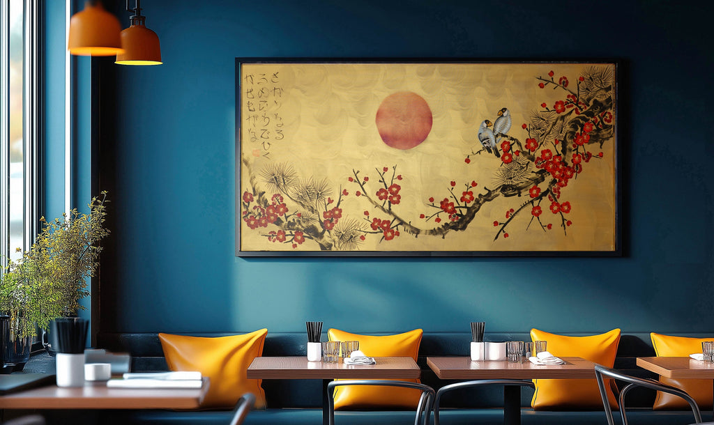 Love Birds and red Sakura J457 is a large-scale Japanese-inspired gold horizontal Original Acrylic Painting on unstretched canvas by artist Ksavera.