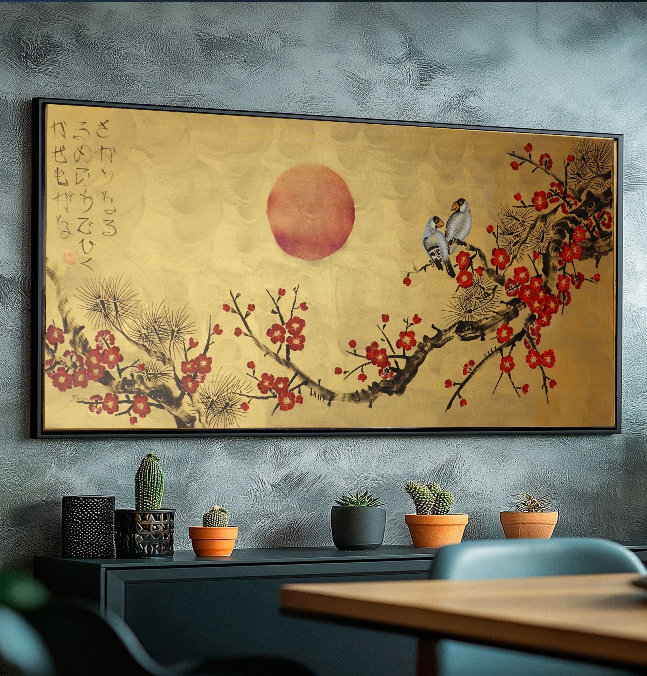 Love Birds and red Sakura J457 is a large-scale Japanese-inspired gold horizontal Original Acrylic Painting on unstretched canvas by artist Ksavera.