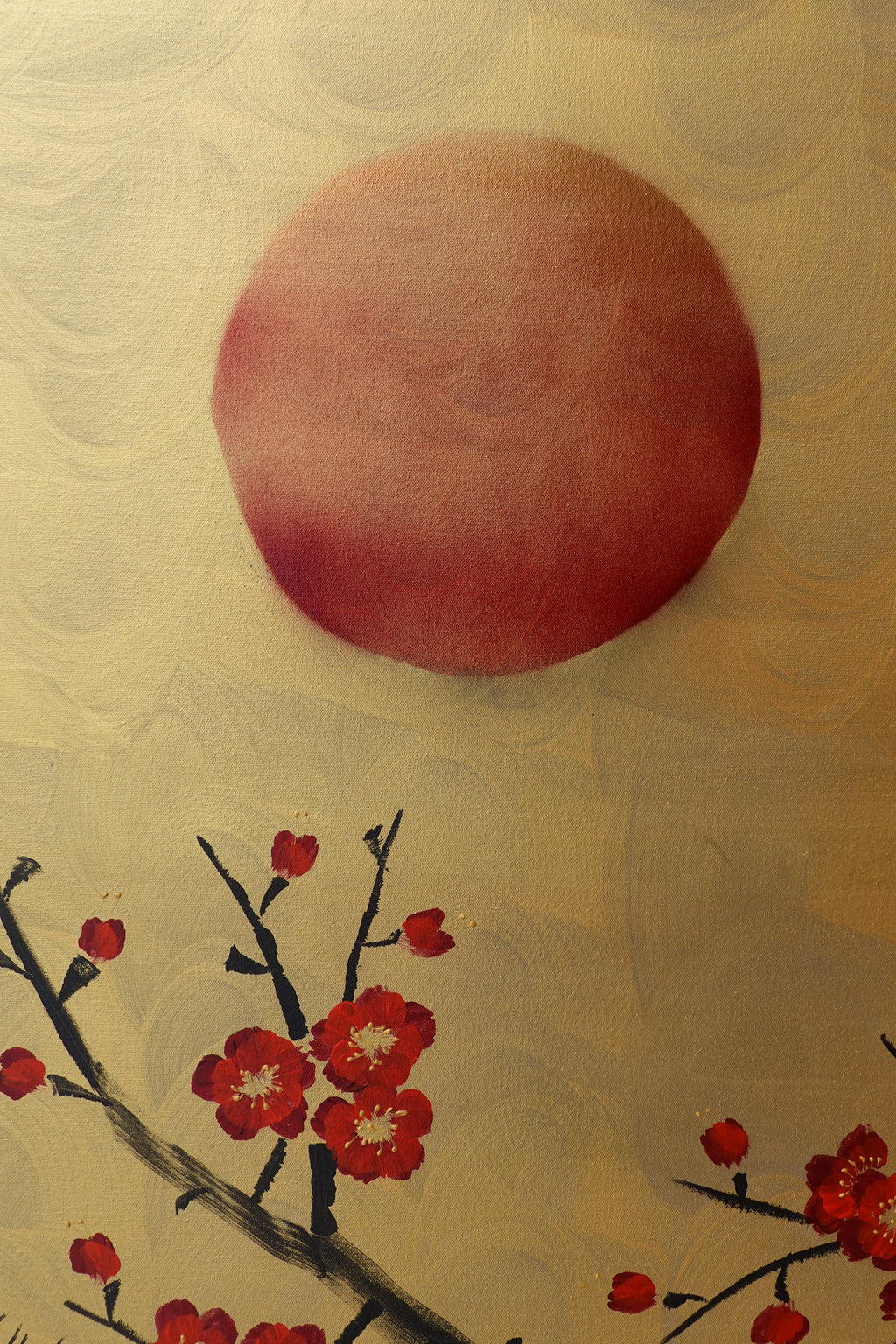 Love Birds and red Sakura J457 is a large-scale Japanese-inspired gold horizontal Original Acrylic Painting on unstretched canvas by artist Ksavera.