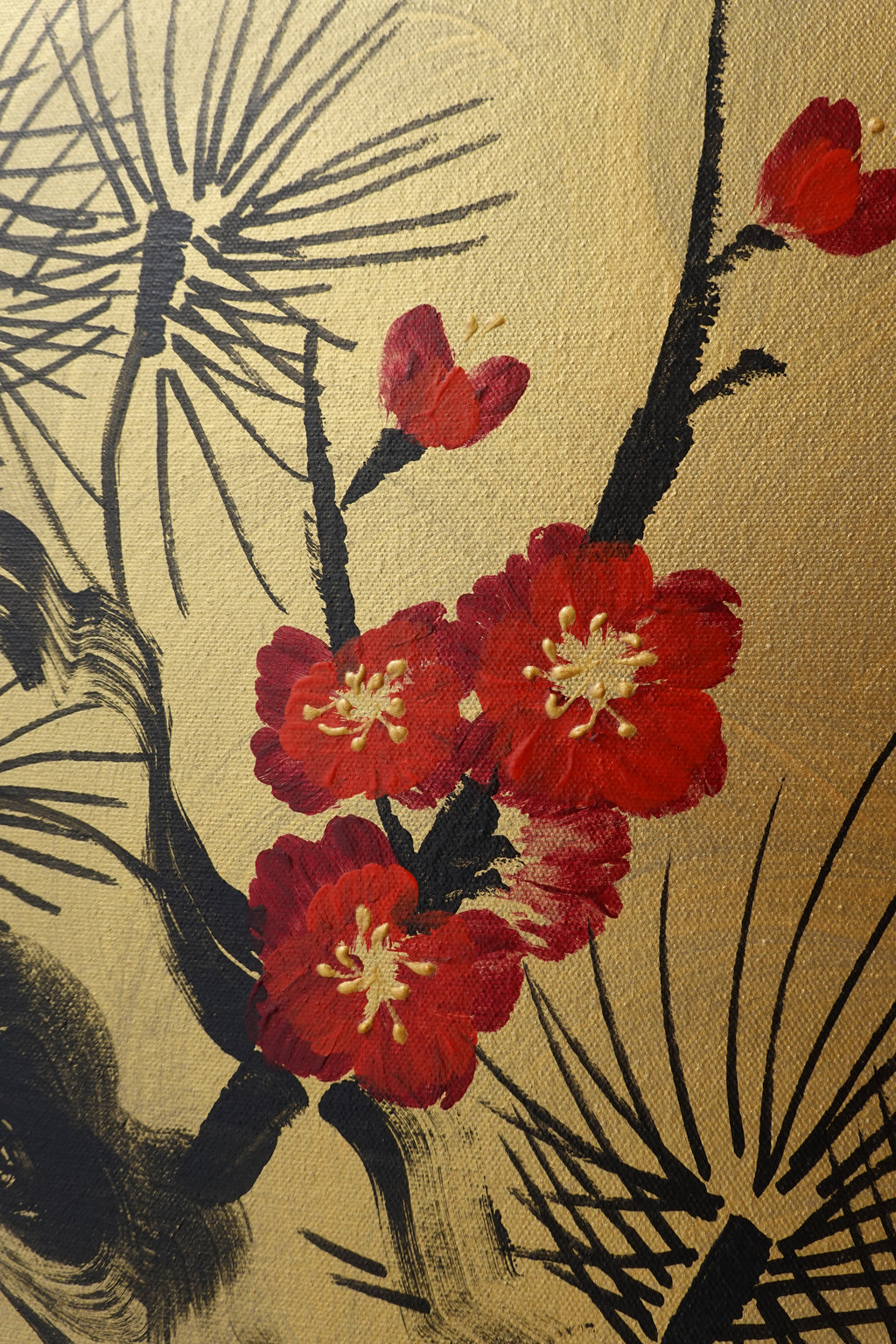 Love Birds and red Sakura J457 is a large-scale Japanese-inspired gold horizontal Original Acrylic Painting on unstretched canvas by artist Ksavera.