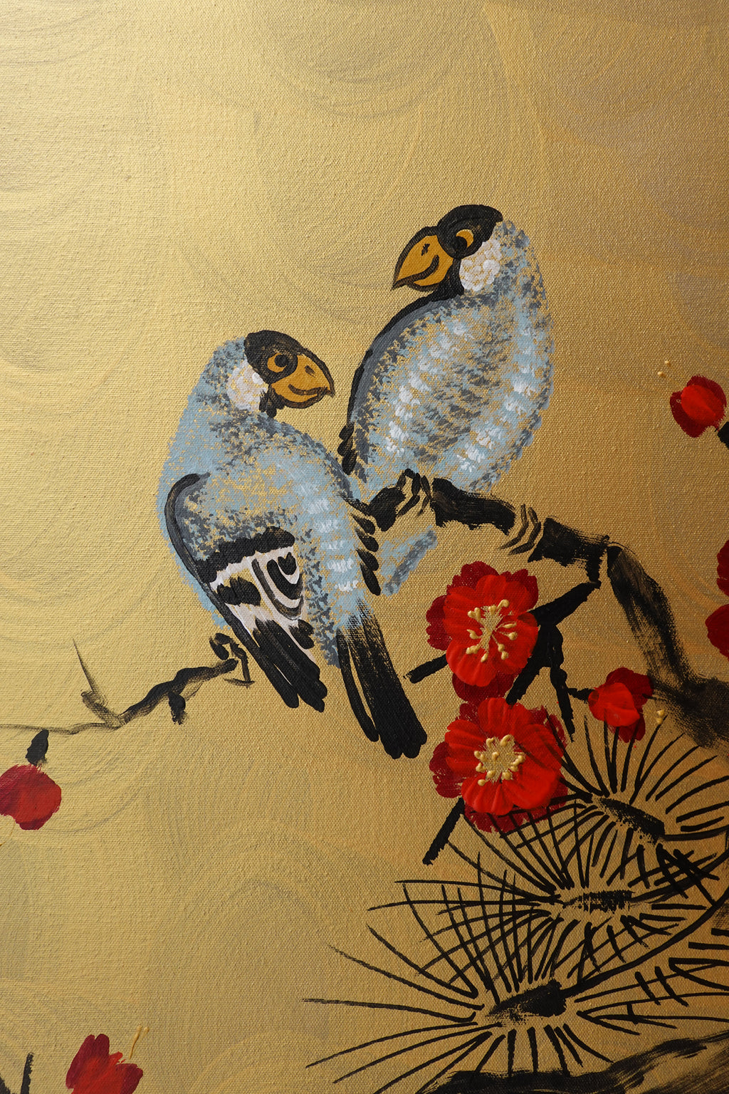 Love Birds and red Sakura J457 is a large-scale Japanese-inspired gold horizontal Original Acrylic Painting on unstretched canvas by artist Ksavera.