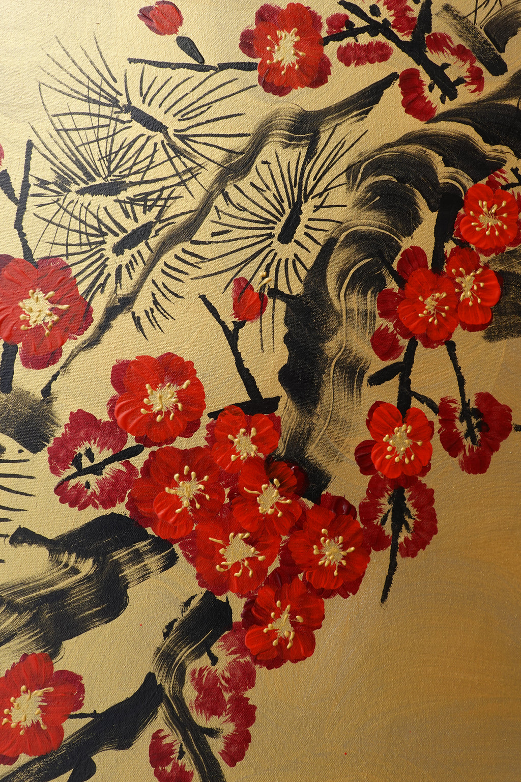 Love Birds and red Sakura J457 is a large-scale Japanese-inspired gold horizontal Original Acrylic Painting on unstretched canvas by artist Ksavera.