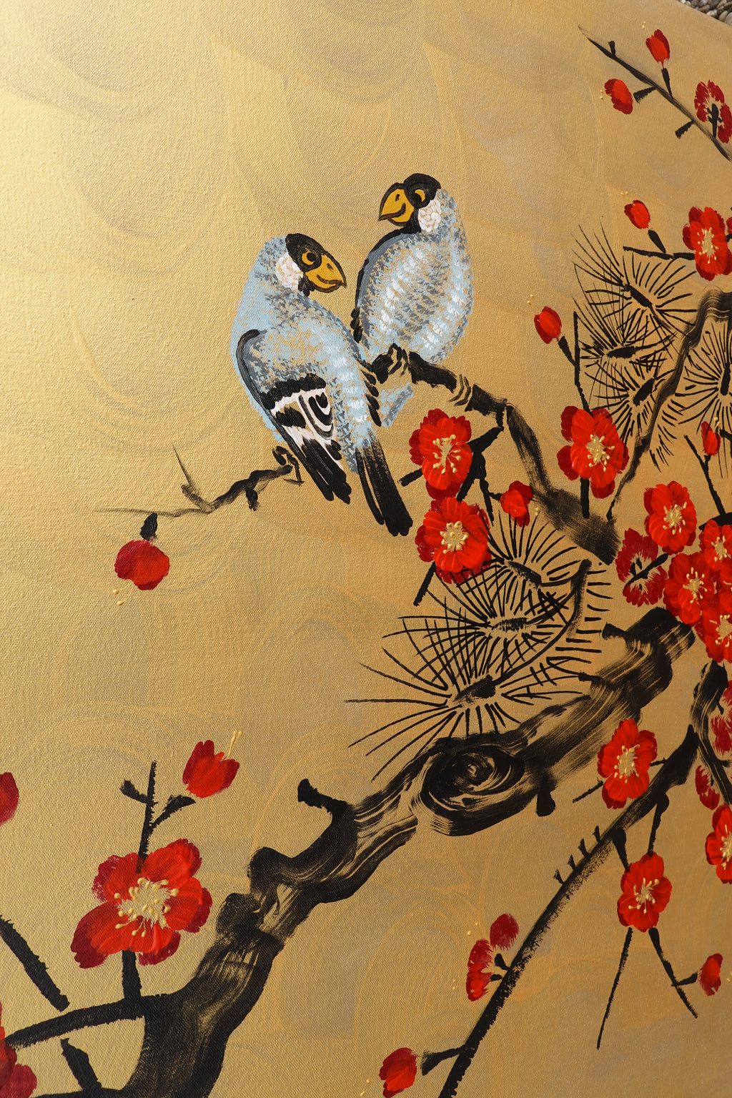 Love Birds and red Sakura J457 is a large-scale Japanese-inspired gold horizontal Original Acrylic Painting on unstretched canvas by artist Ksavera.