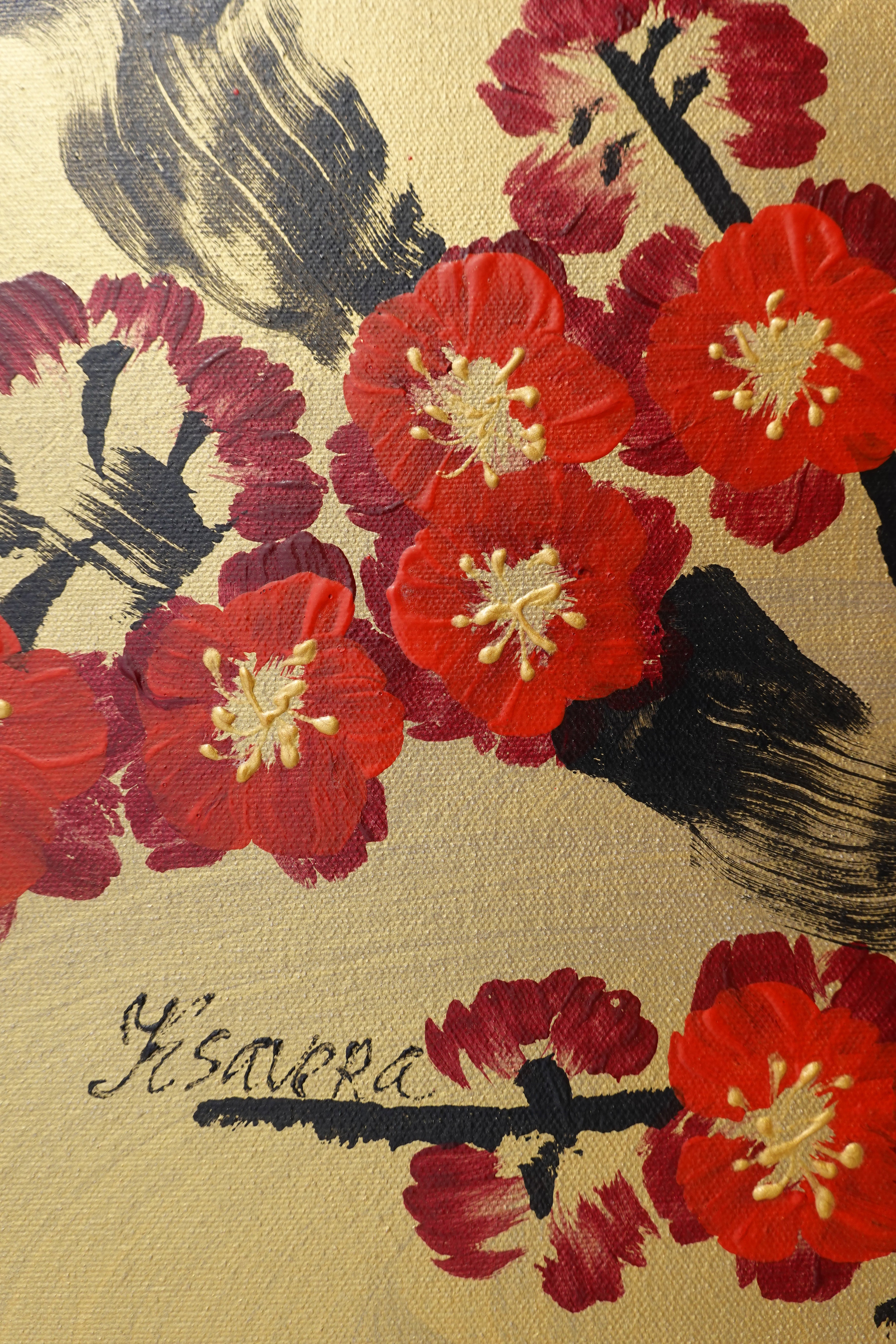 Love Birds and red Sakura J457 is a large-scale Japanese-inspired gold horizontal Original Acrylic Painting on unstretched canvas by artist Ksavera.