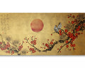 Love Birds and red Sakura J457 is a large-scale Japanese-inspired gold horizontal Original Acrylic Painting on unstretched canvas by artist Ksavera.