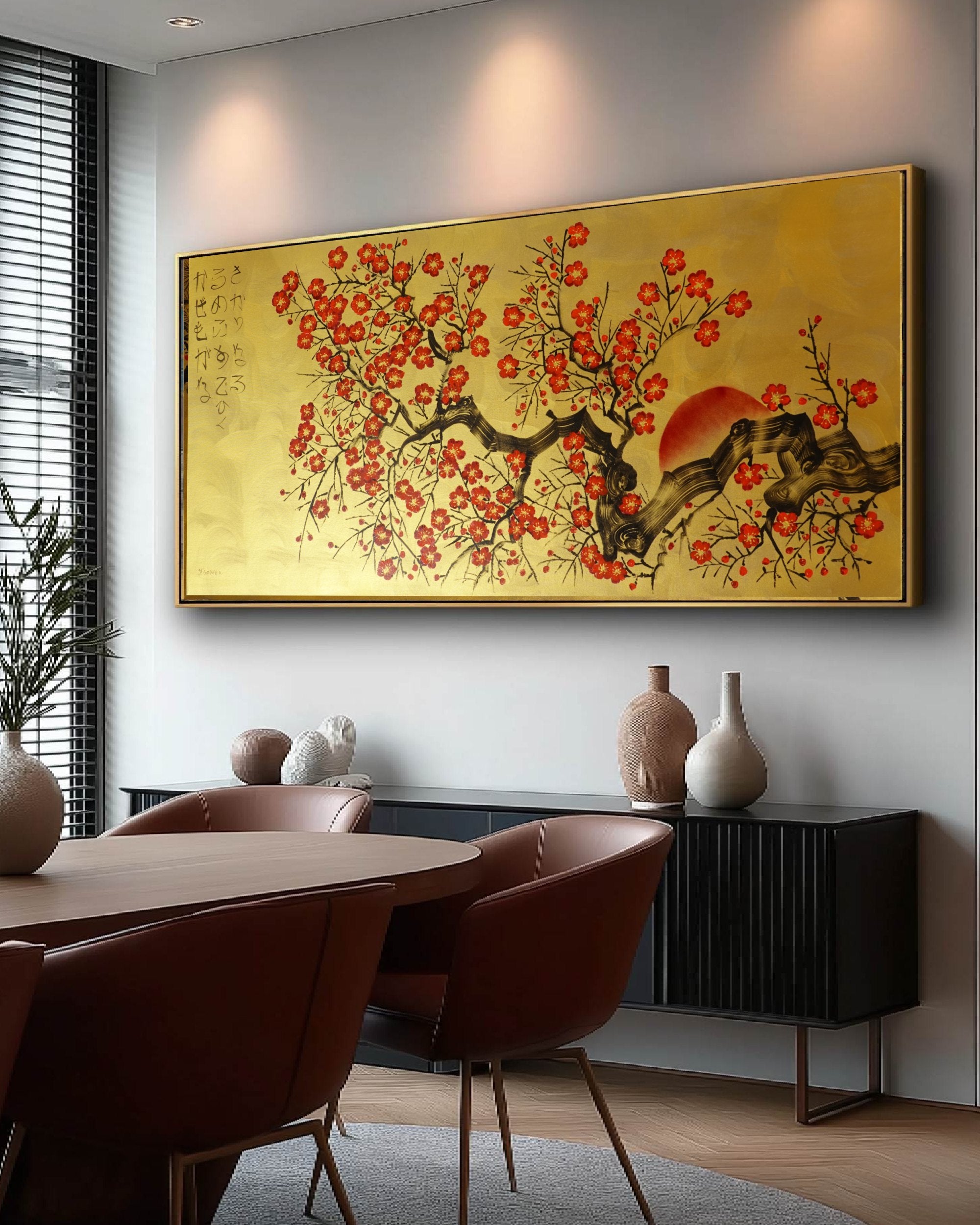 Japanese red Sakura J458 is a large Japanese gold horizontal Original Acrylic Painting on unstretched canvas by artist Ksavera.