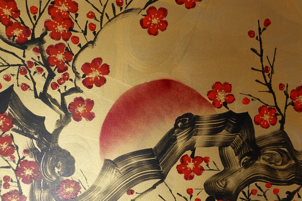 Japanese red Sakura J458 ist ein großformatiges, von Japan inspiriertes, horizontales Original-Acrylgemälde in Gold auf ungespannter Leinwand des Künstlers Ksavera