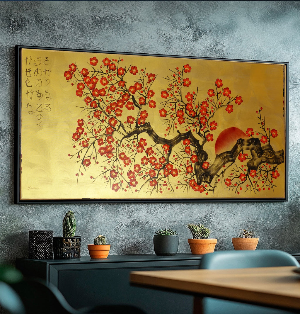 Japanese red Sakura J458 ist ein großformatiges, von Japan inspiriertes, horizontales Original-Acrylgemälde in Gold auf ungespannter Leinwand des Künstlers Ksavera
