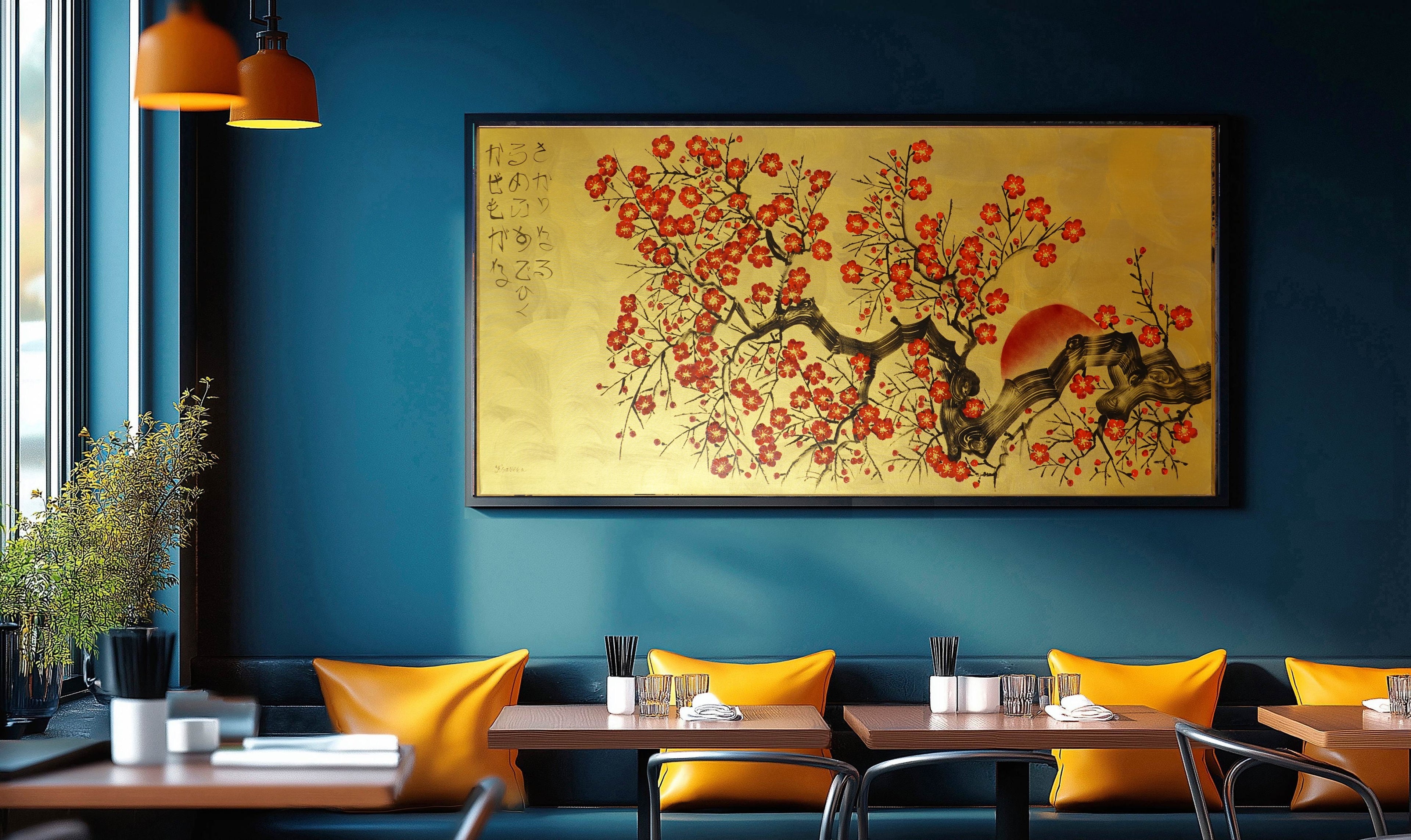 Japanese red Sakura J458 ist ein großformatiges, von Japan inspiriertes, horizontales Original-Acrylgemälde in Gold auf ungespannter Leinwand des Künstlers Ksavera