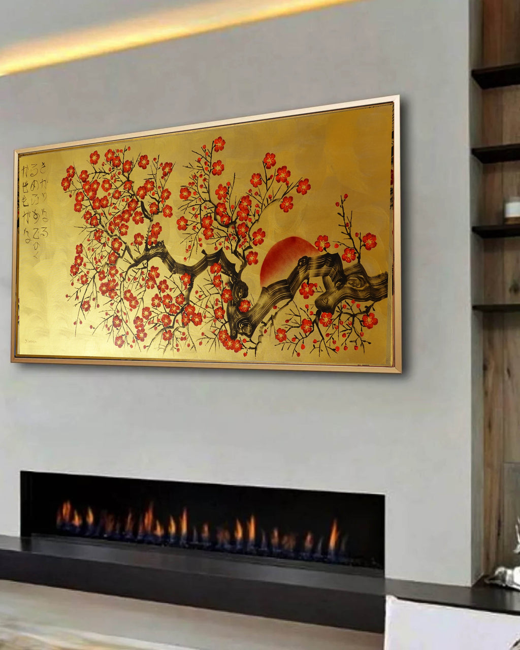 Japanese red Sakura J458 ist ein großformatiges, von Japan inspiriertes, horizontales Original-Acrylgemälde in Gold auf ungespannter Leinwand des Künstlers Ksavera