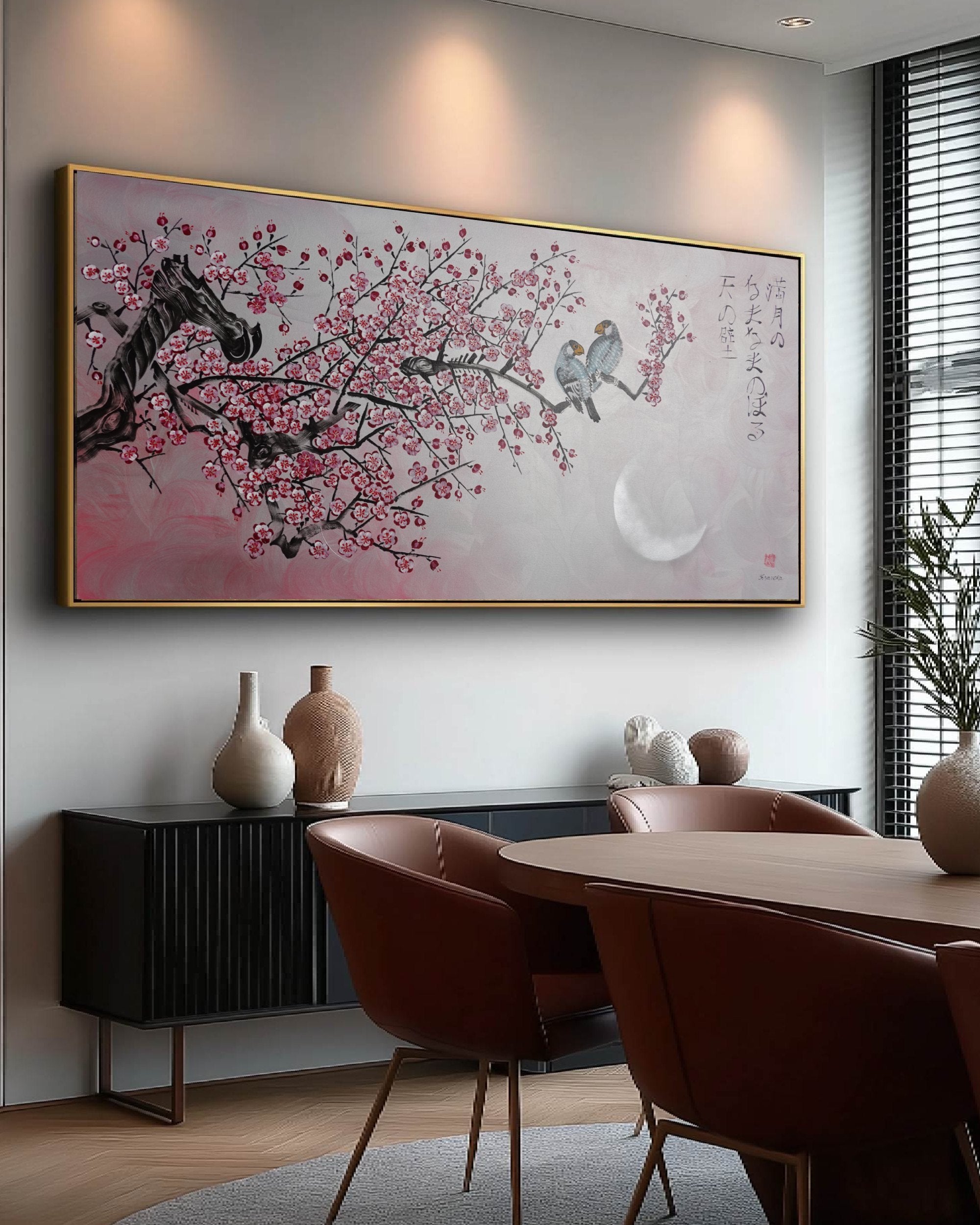 Love Birds and pink Sakura J460 is a large Japanese silver horizontal Original Acrylic Painting on unstretched canvas by artist Ksavera.
