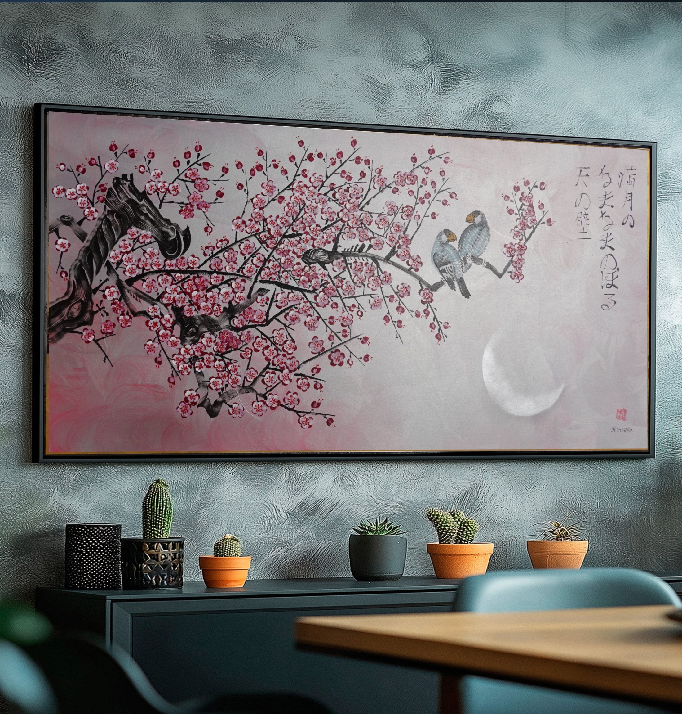 Love Birds and pink Sakura J460 is a large Japanese silver horizontal Original Acrylic Painting on unstretched canvas by artist Ksavera.