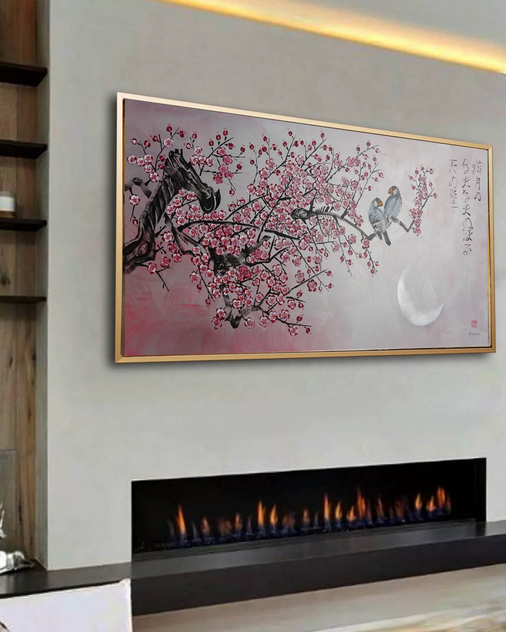Love Birds and pink Sakura J460 is a large Japanese silver horizontal Original Acrylic Painting on unstretched canvas by artist Ksavera.