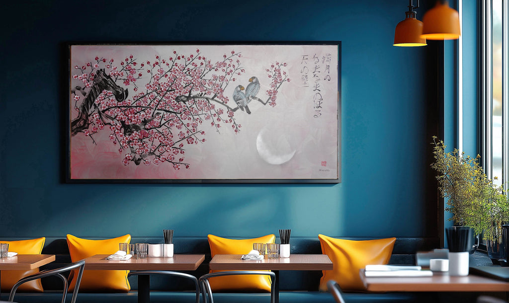 Love Birds and pink Sakura J460 is a large Japanese silver horizontal Original Acrylic Painting on unstretched canvas by artist Ksavera.