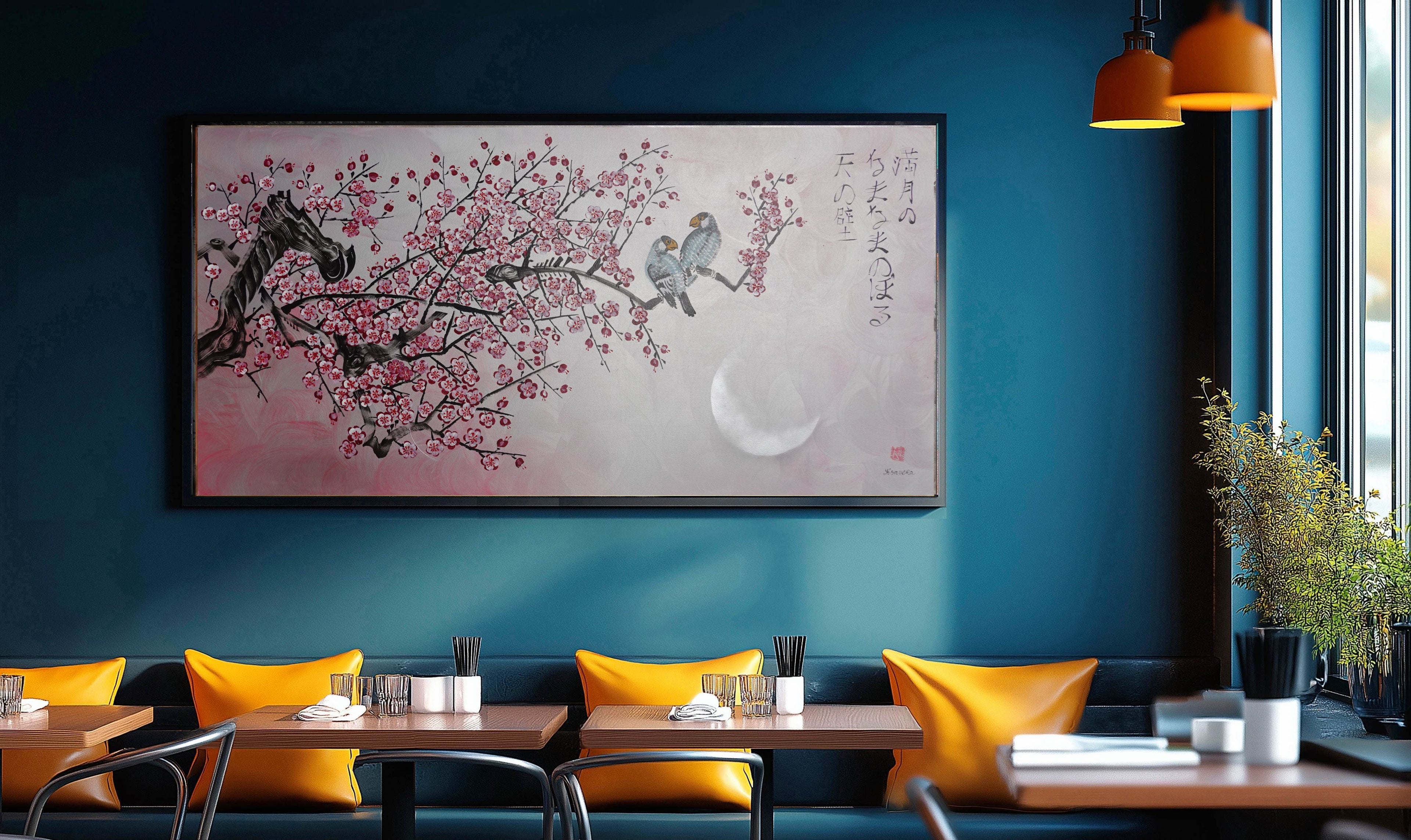Love Birds and pink Sakura J460 is a large Japanese silver horizontal Original Acrylic Painting on unstretched canvas by artist Ksavera.