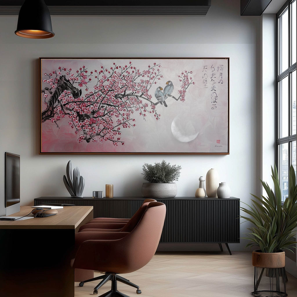 Love Birds and pink Sakura J460 is a large Japanese silver horizontal Original Acrylic Painting on unstretched canvas by artist Ksavera.