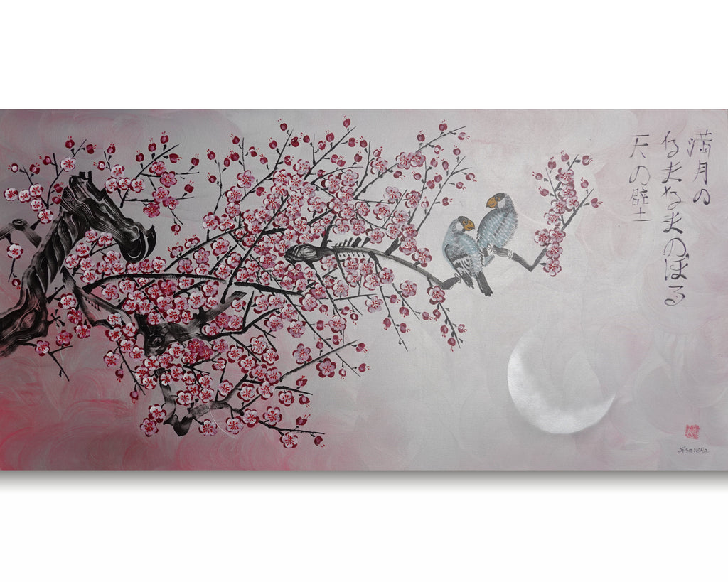 Love Birds and pink Sakura J460 is a large Japanese silver horizontal Original Acrylic Painting on unstretched canvas by artist Ksavera.