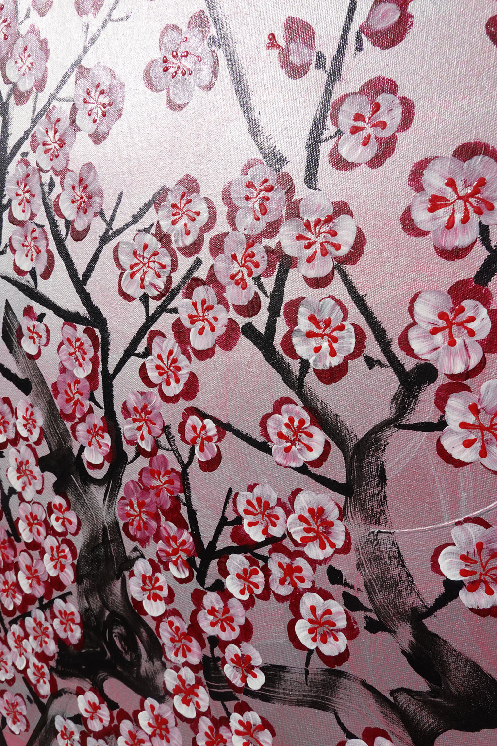Love Birds and pink Sakura J460 is a large Japanese silver horizontal Original Acrylic Painting on unstretched canvas by artist Ksavera.