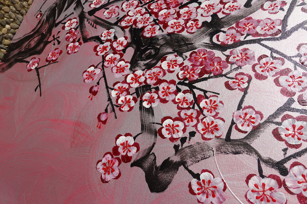 Love Birds and pink Sakura J460 is a large Japanese silver horizontal Original Acrylic Painting on unstretched canvas by artist Ksavera.