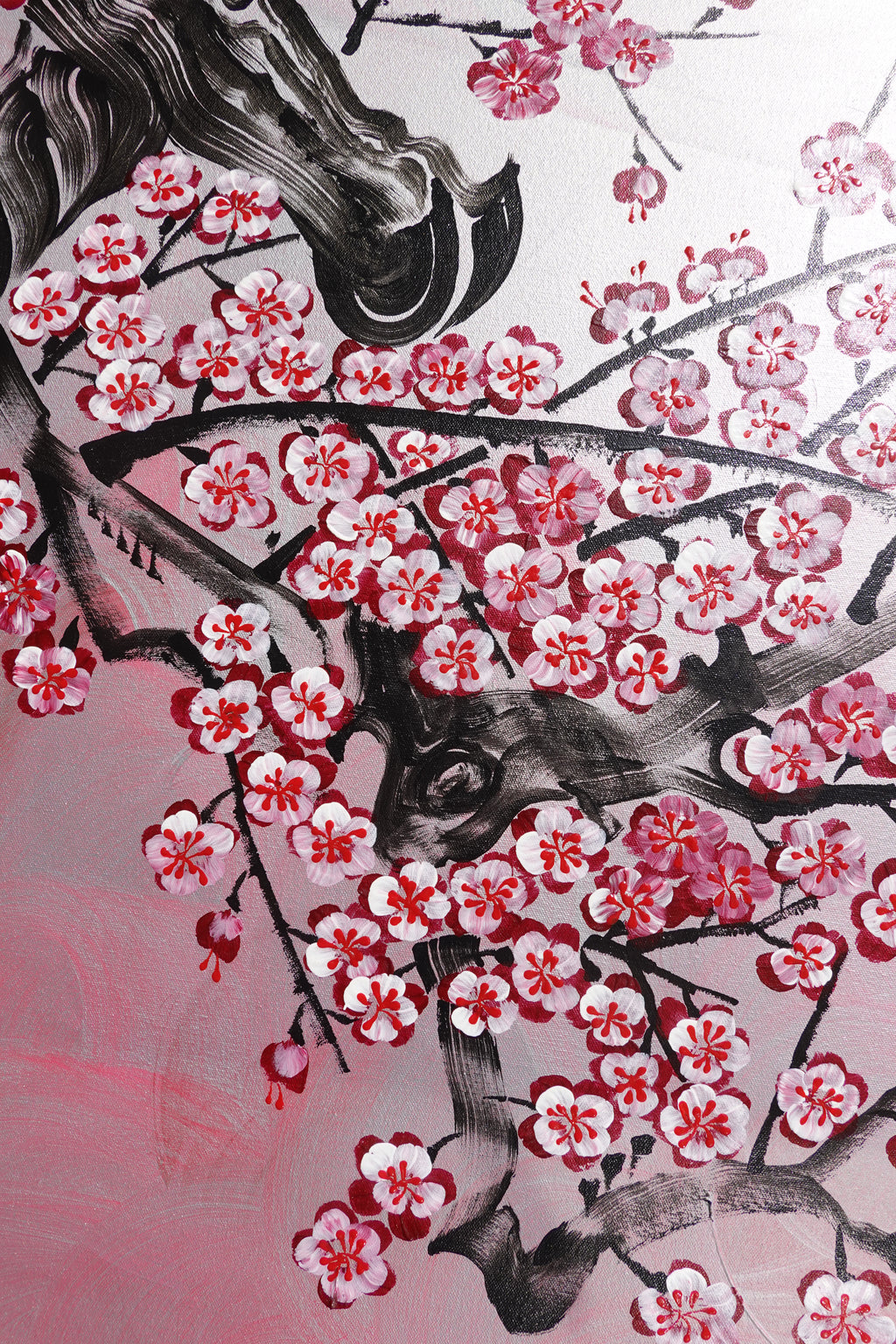 Love Birds and pink Sakura J460 is a large Japanese silver horizontal Original Acrylic Painting on unstretched canvas by artist Ksavera.