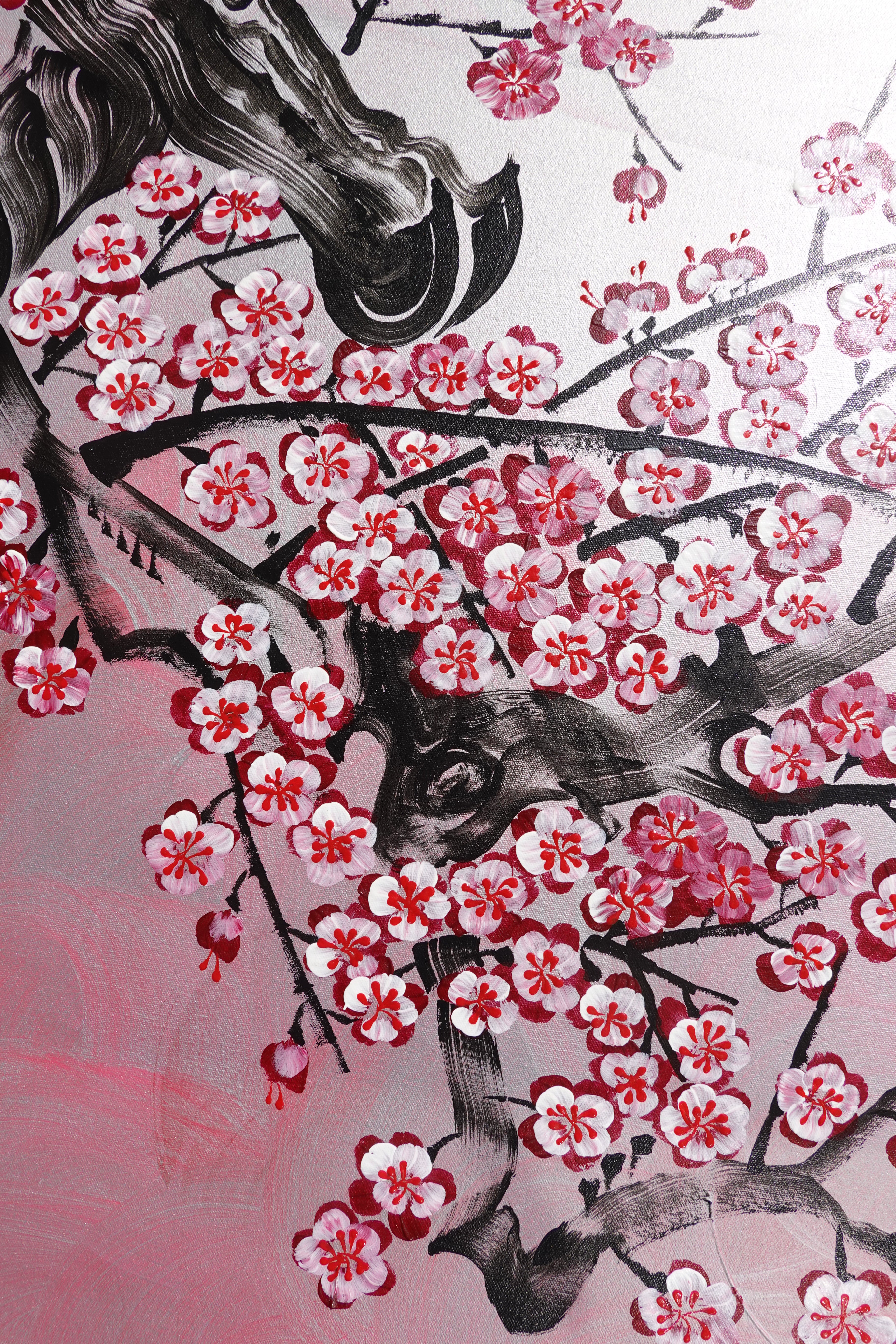 Love Birds and pink Sakura J460 is a large Japanese silver horizontal Original Acrylic Painting on unstretched canvas by artist Ksavera.