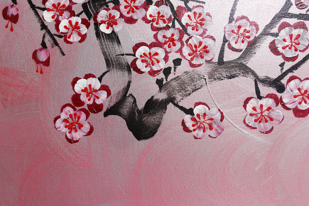 Love Birds and pink Sakura J460 is a large Japanese silver horizontal Original Acrylic Painting on unstretched canvas by artist Ksavera.
