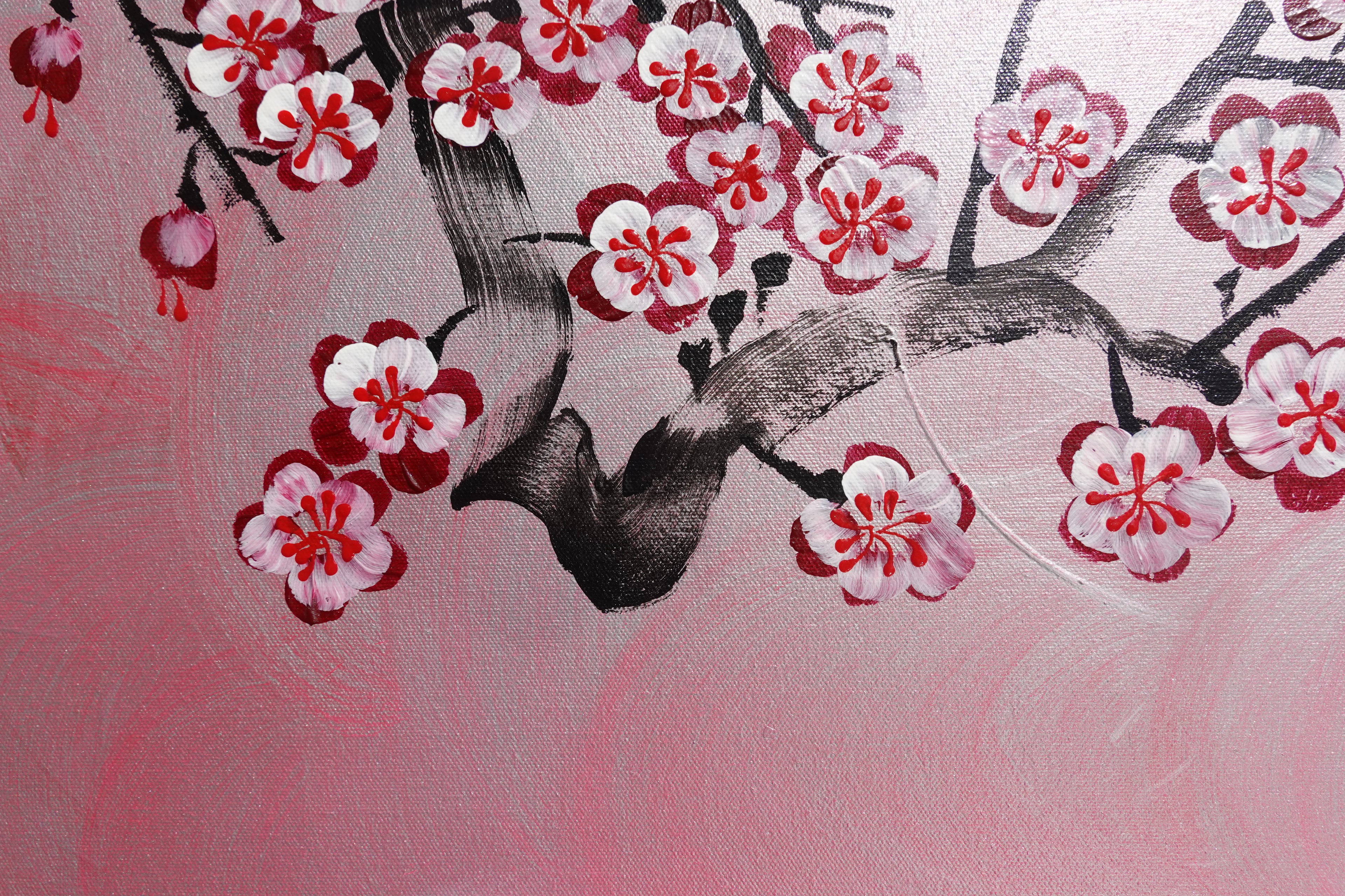 Love Birds and pink Sakura J460 is a large Japanese silver horizontal Original Acrylic Painting on unstretched canvas by artist Ksavera.