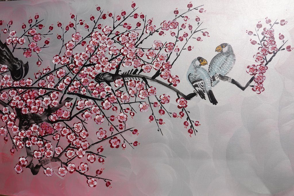 Love Birds and pink Sakura J460 is a large Japanese silver horizontal Original Acrylic Painting on unstretched canvas by artist Ksavera.