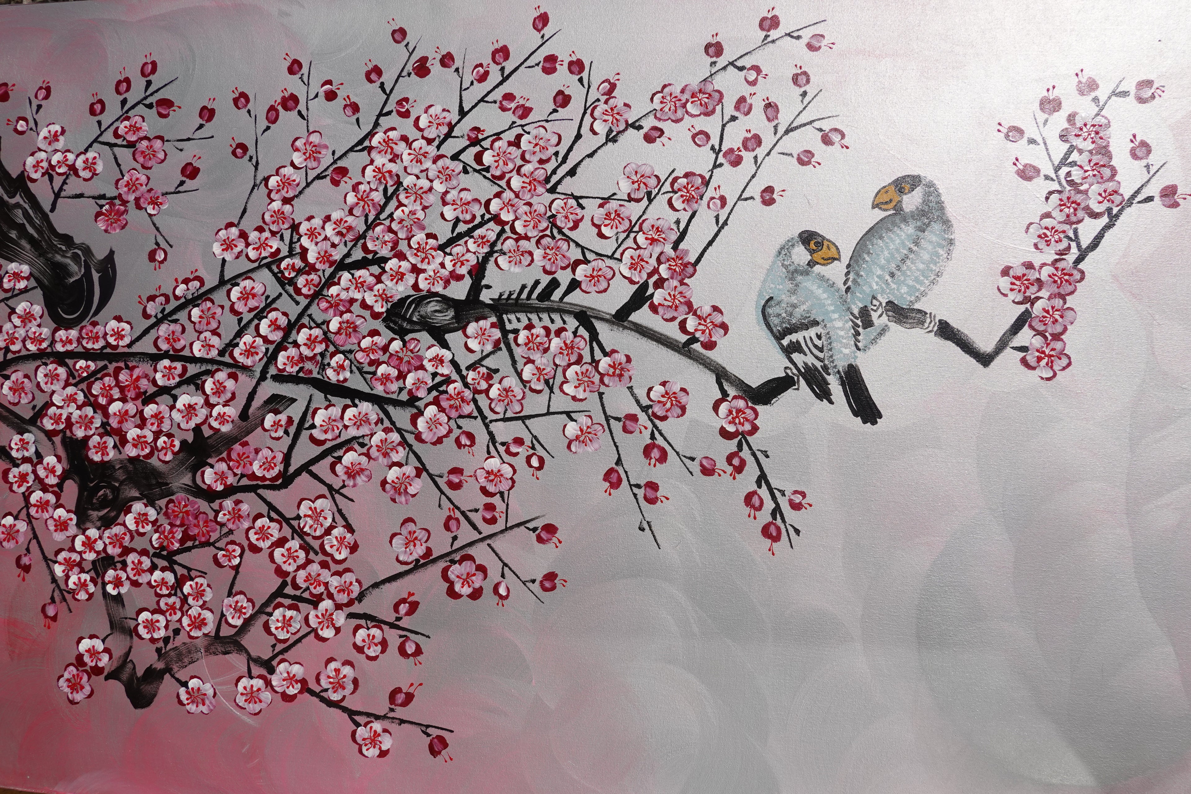 Love Birds and pink Sakura J460 is a large Japanese silver horizontal Original Acrylic Painting on unstretched canvas by artist Ksavera.