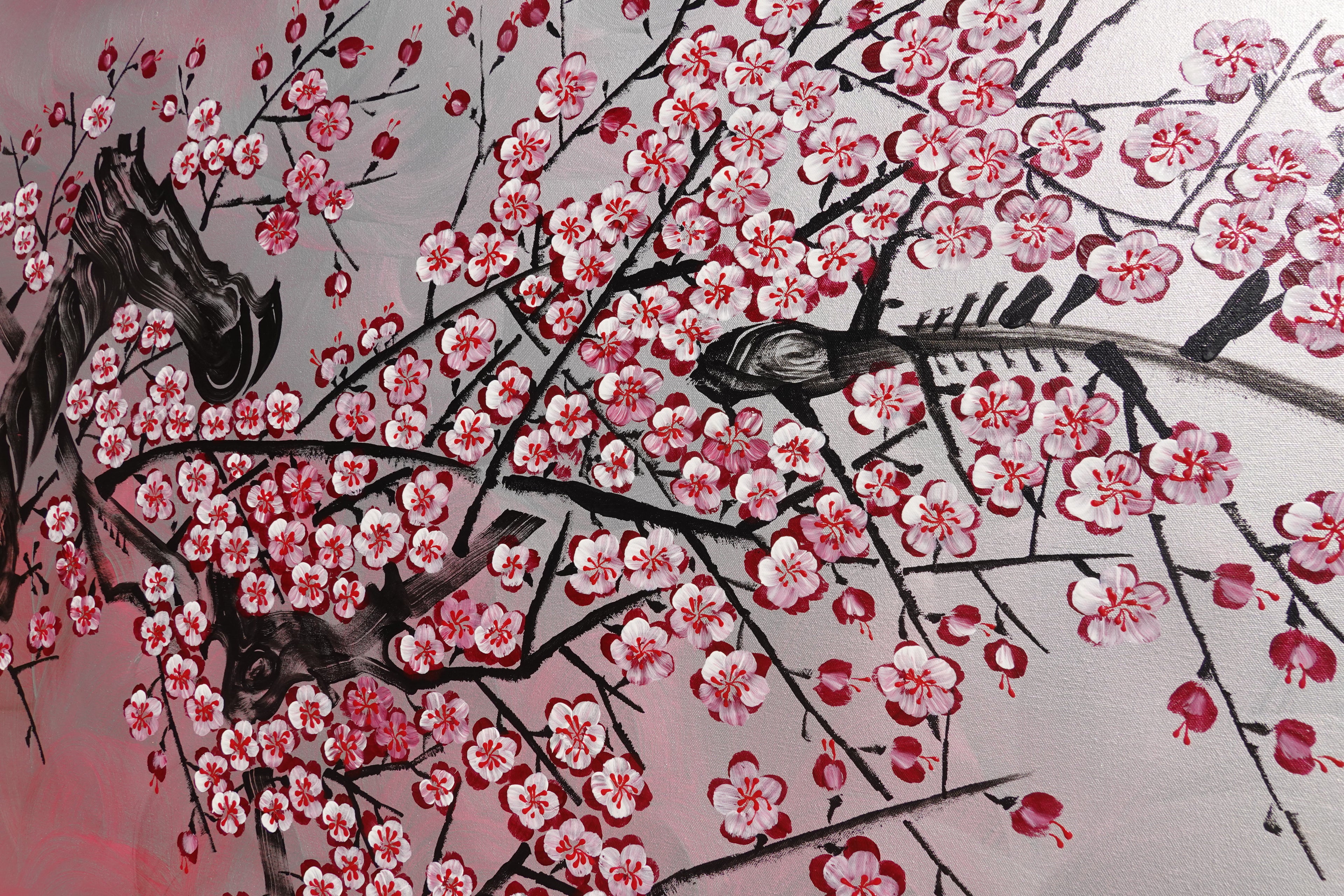 Love Birds and pink Sakura J460 is a large Japanese silver horizontal Original Acrylic Painting on unstretched canvas by artist Ksavera.