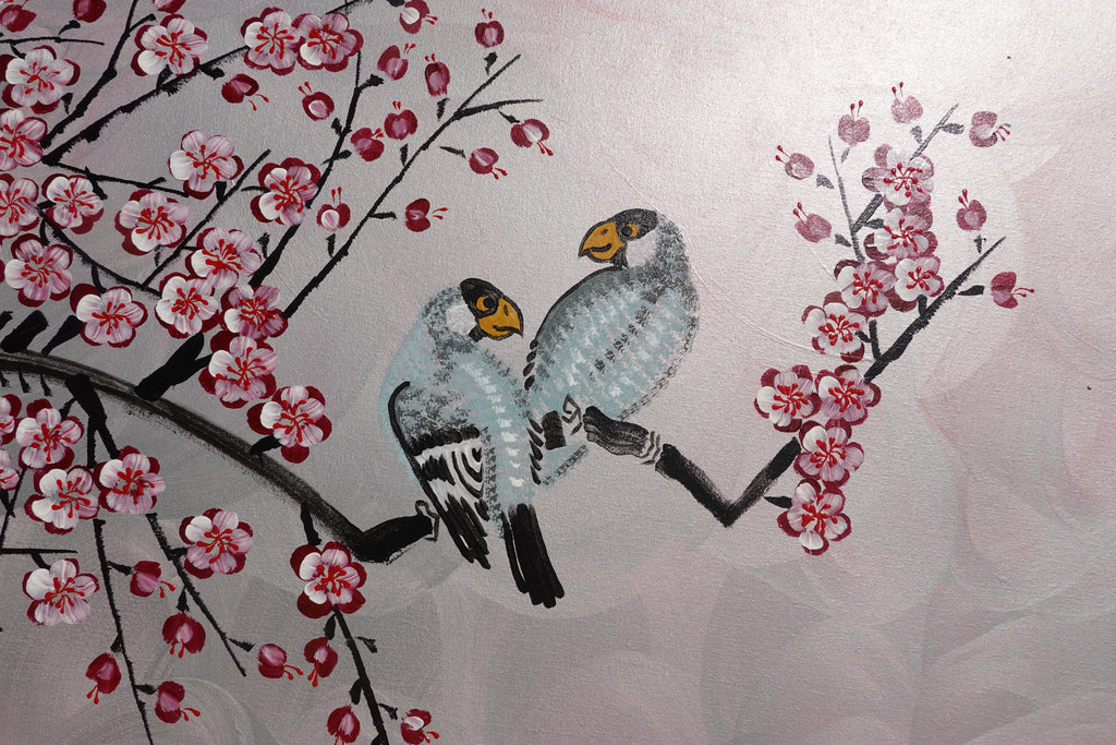 Love Birds and pink Sakura J460 is a large Japanese silver horizontal Original Acrylic Painting on unstretched canvas by artist Ksavera.