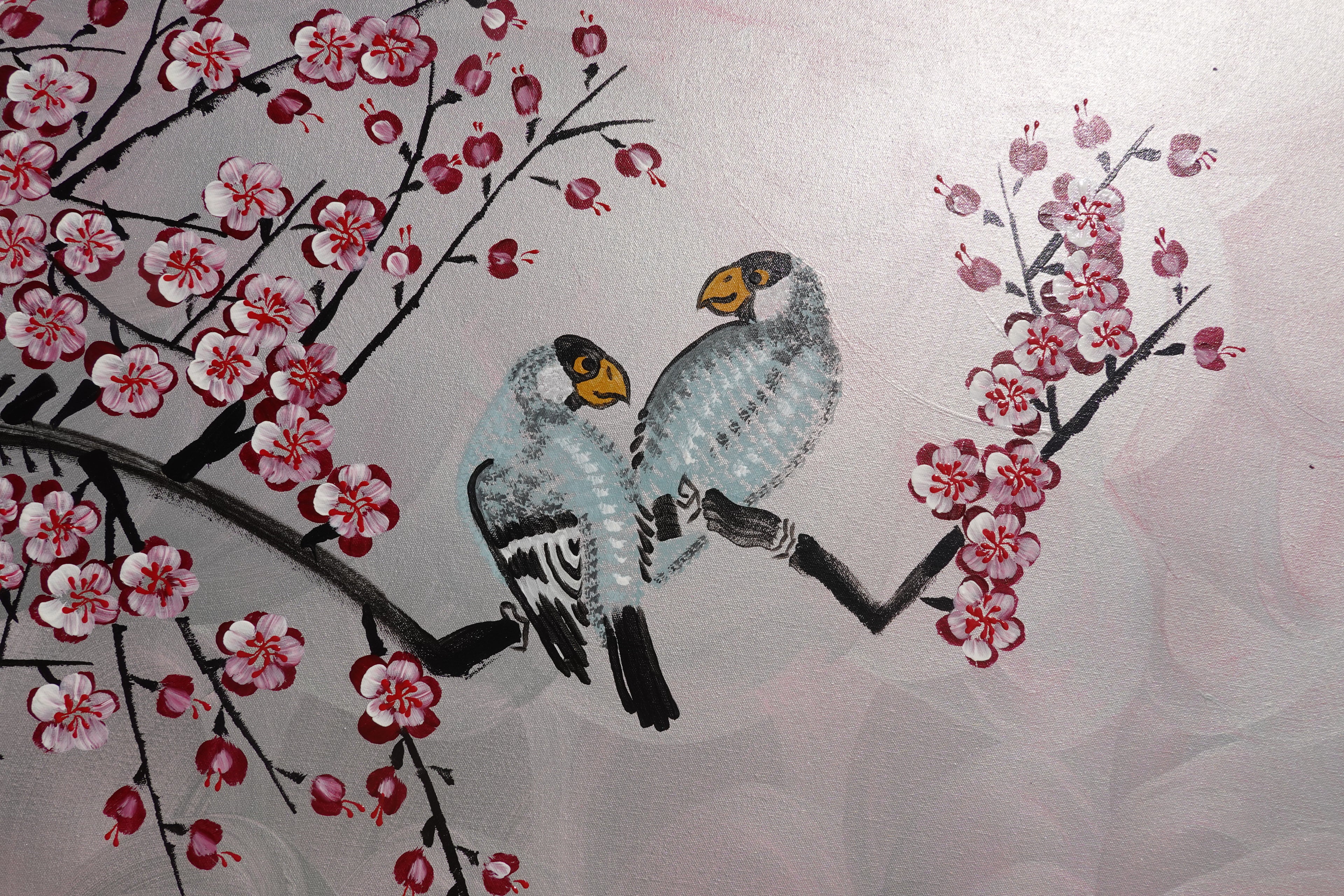 Love Birds and pink Sakura J460 is a large Japanese silver horizontal Original Acrylic Painting on unstretched canvas by artist Ksavera.