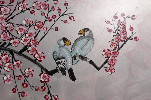 Love Birds and pink Sakura J460 is a large Japanese silver horizontal Original Acrylic Painting on unstretched canvas by artist Ksavera.