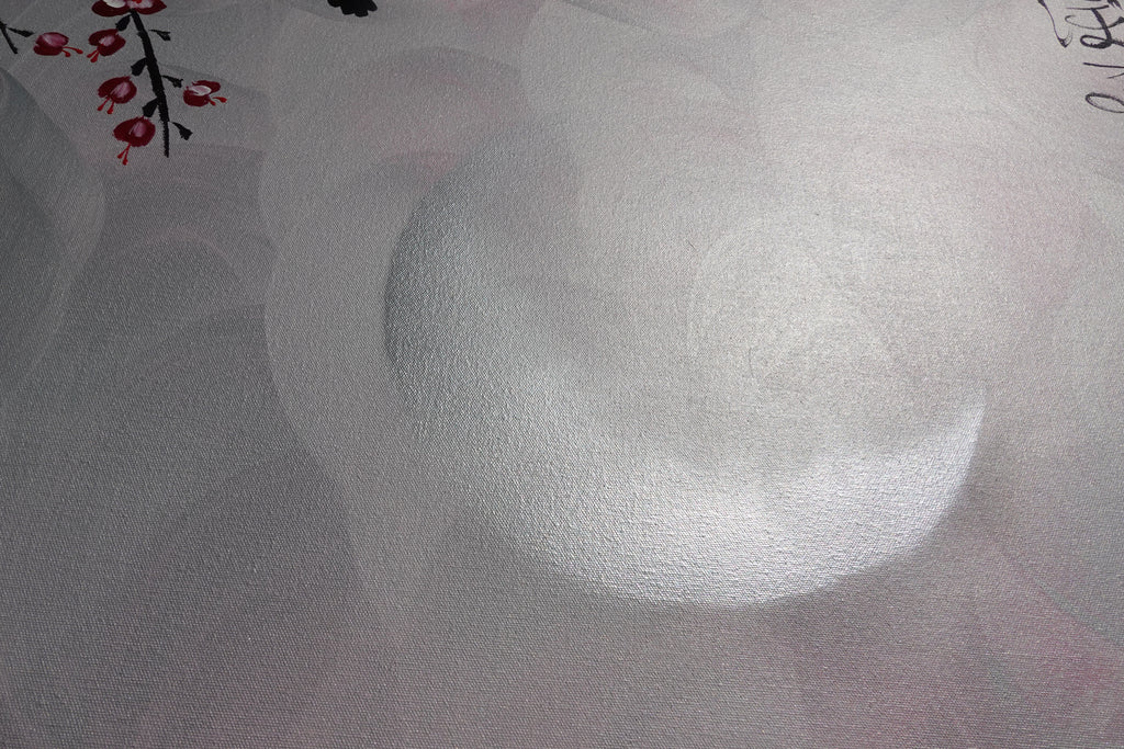 Love Birds and pink Sakura J460 is a large Japanese silver horizontal Original Acrylic Painting on unstretched canvas by artist Ksavera.