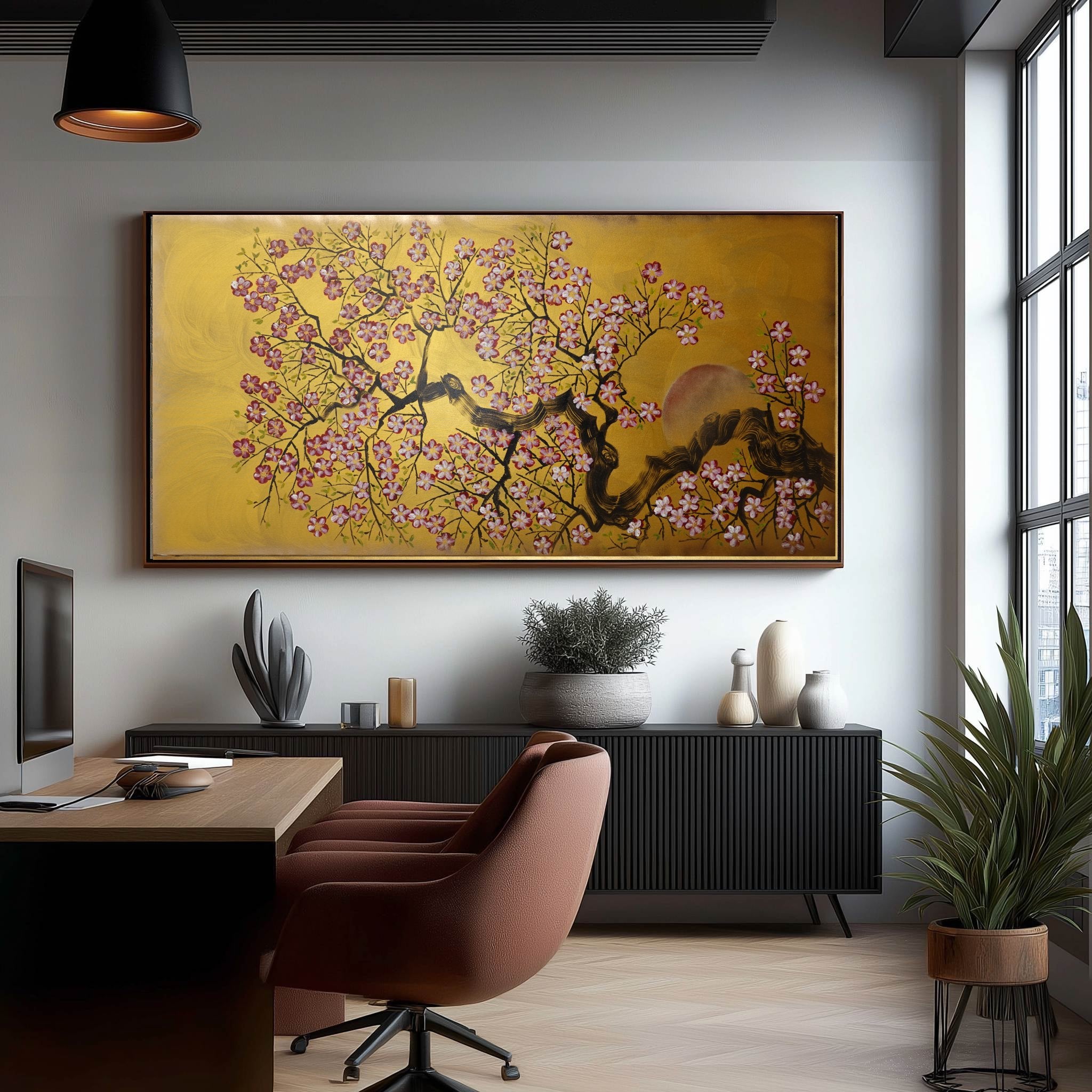 Japanese Sakura J461 is a large Japanese gold Original Acrylic Painting on unstretched canvas by artist Ksavera
