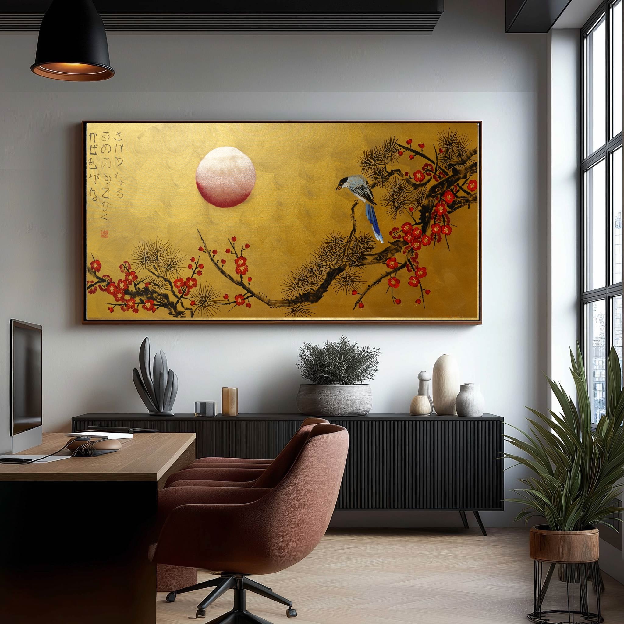 Bird and red Sakura J464 is a large-scale Japanese-inspired gold horizontal Original Acrylic Painting on unstretched canvas by artist Ksavera