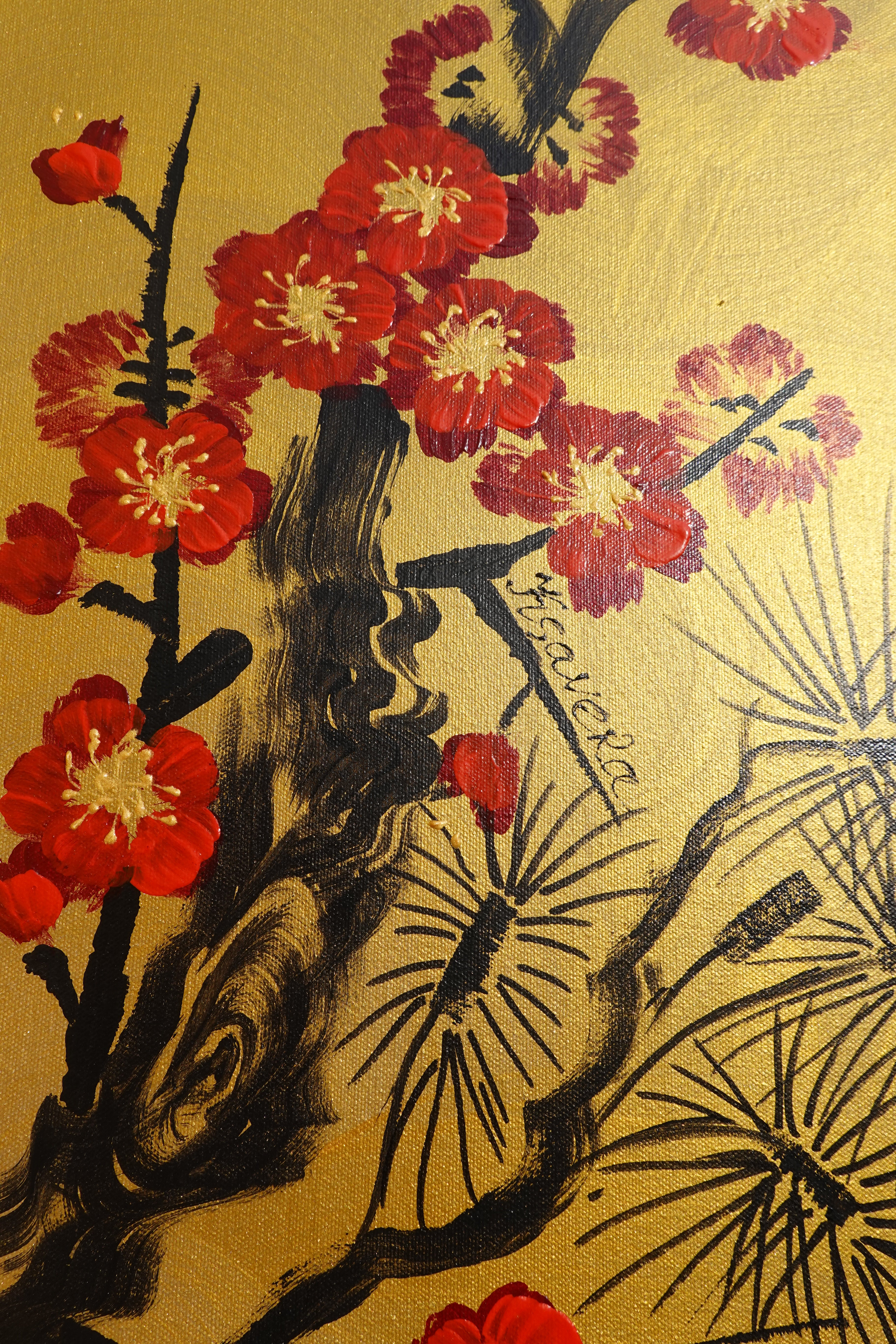 Bird and red Sakura J464 is a large-scale Japanese-inspired gold horizontal Original Acrylic Painting on unstretched canvas by artist Ksavera