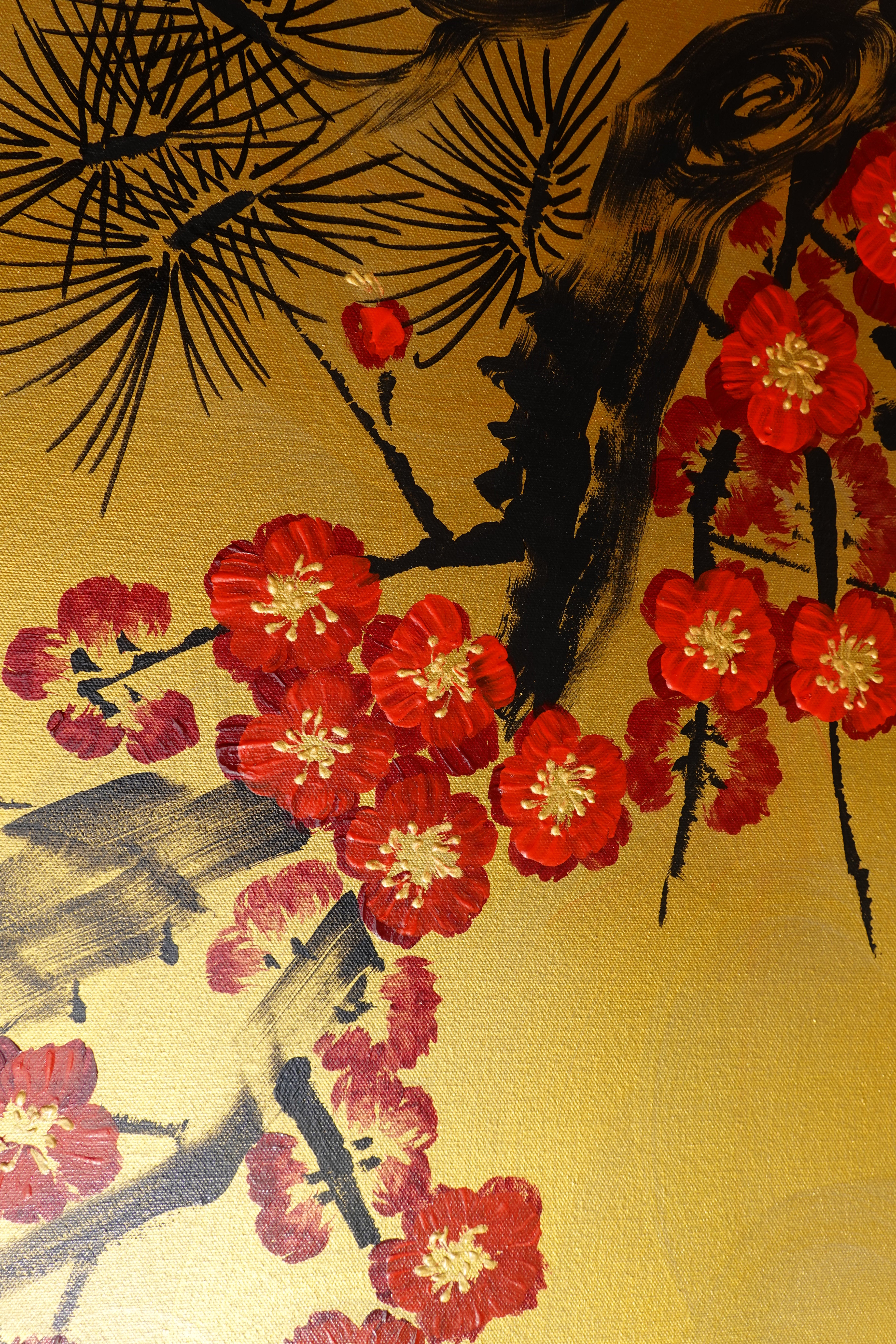Bird and red Sakura J464 is a large-scale Japanese-inspired gold horizontal Original Acrylic Painting on unstretched canvas by artist Ksavera
