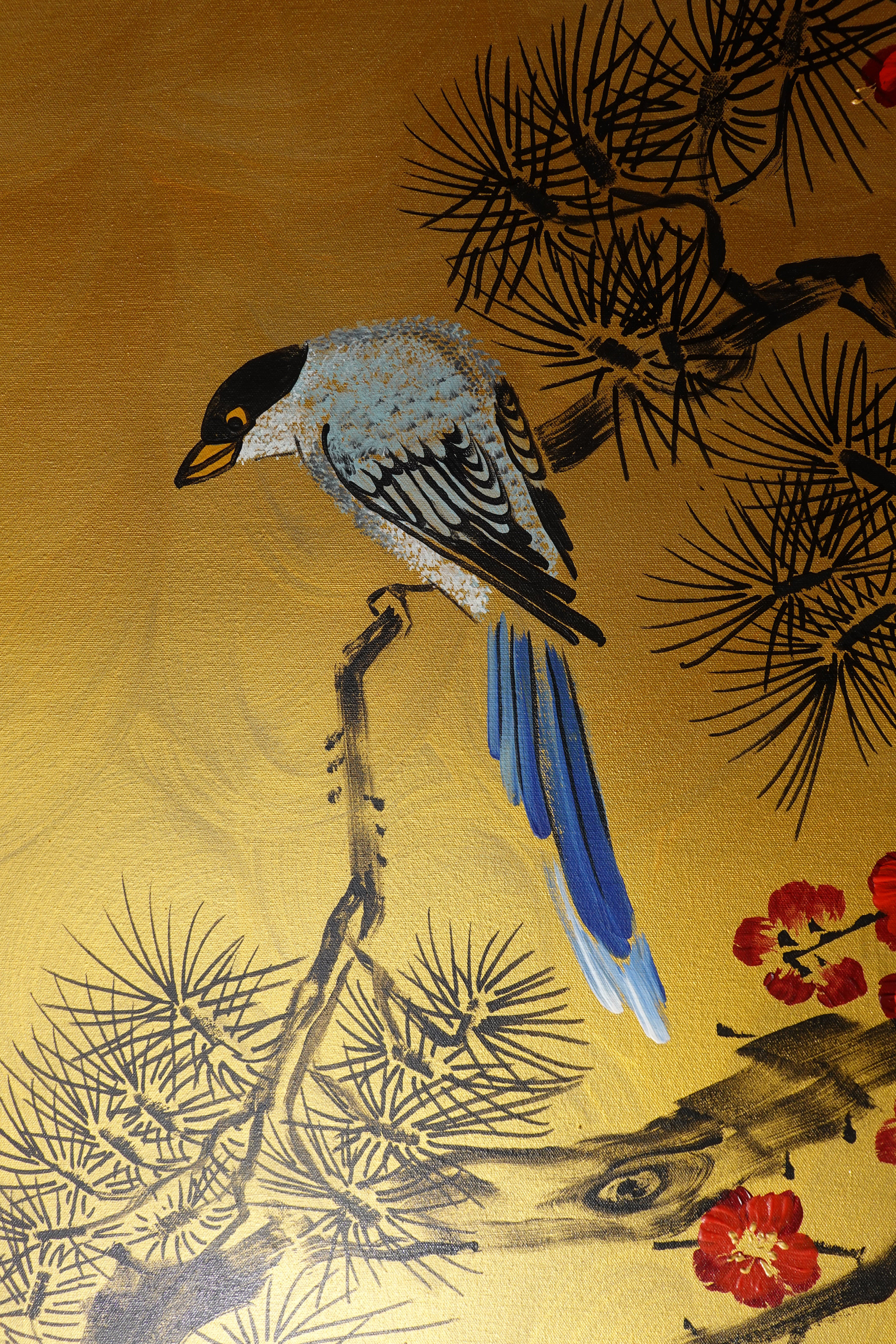 Bird and red Sakura J464 is a large-scale Japanese-inspired gold horizontal Original Acrylic Painting on unstretched canvas by artist Ksavera
