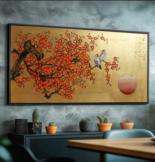 Love Birds and orange Sakura J467 is a large-scale Japanese-inspired gold horizontal Original Acrylic Painting on unstretched canvas by artist Ksavera.