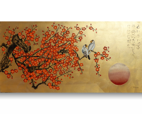 Love Birds and orange Sakura J467 is a large-scale Japanese-inspired gold horizontal Original Acrylic Painting on unstretched canvas by artist Ksavera.