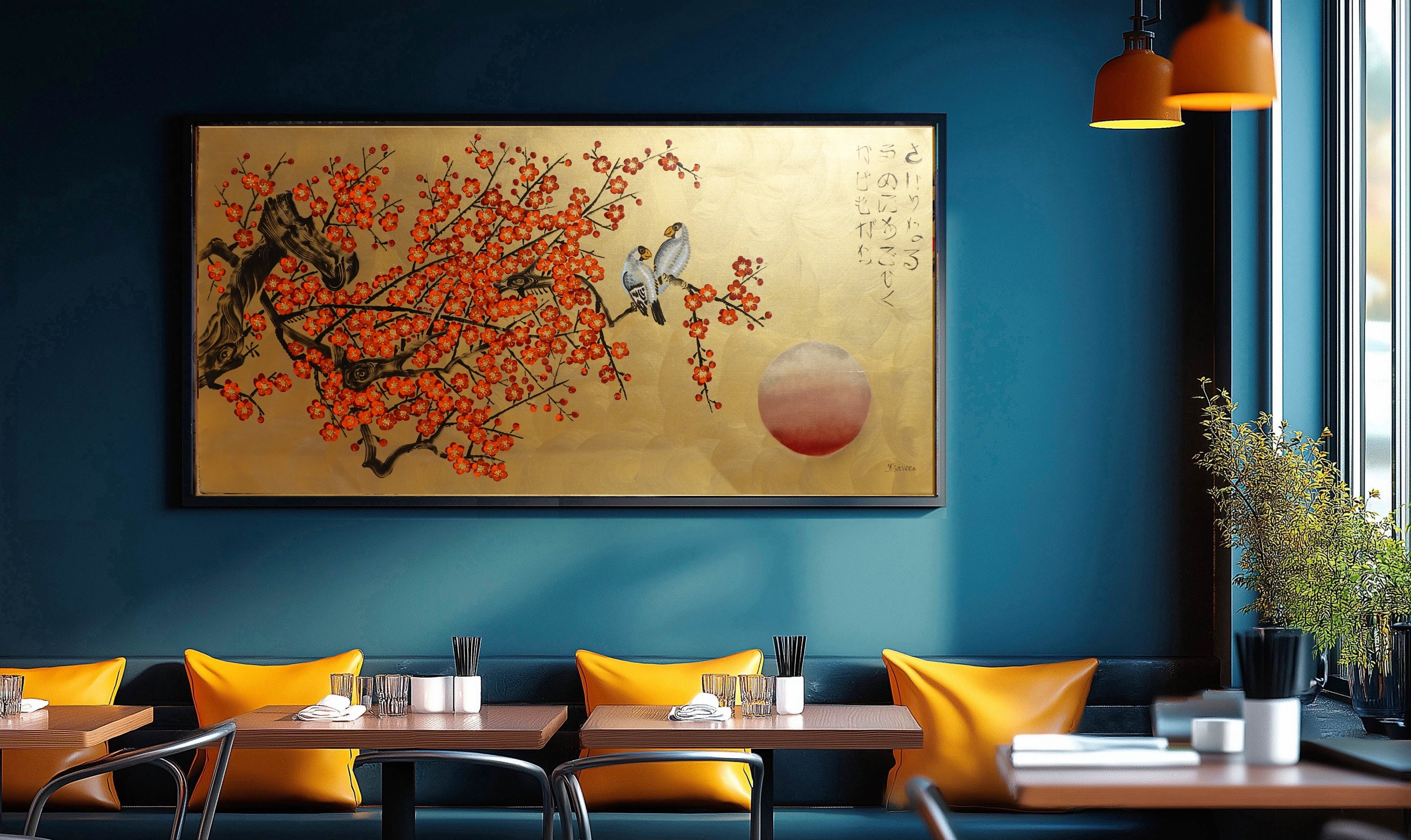 Love Birds and orange Sakura J467 is a large-scale Japanese-inspired gold horizontal Original Acrylic Painting on unstretched canvas by artist Ksavera.